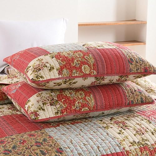 Miniatura 6 de Autumn Dream Juego de colcha de algodón reversible, juego de ropa de cama reversible, colcha de retazos florales vintage rojo y azul, tamaño King