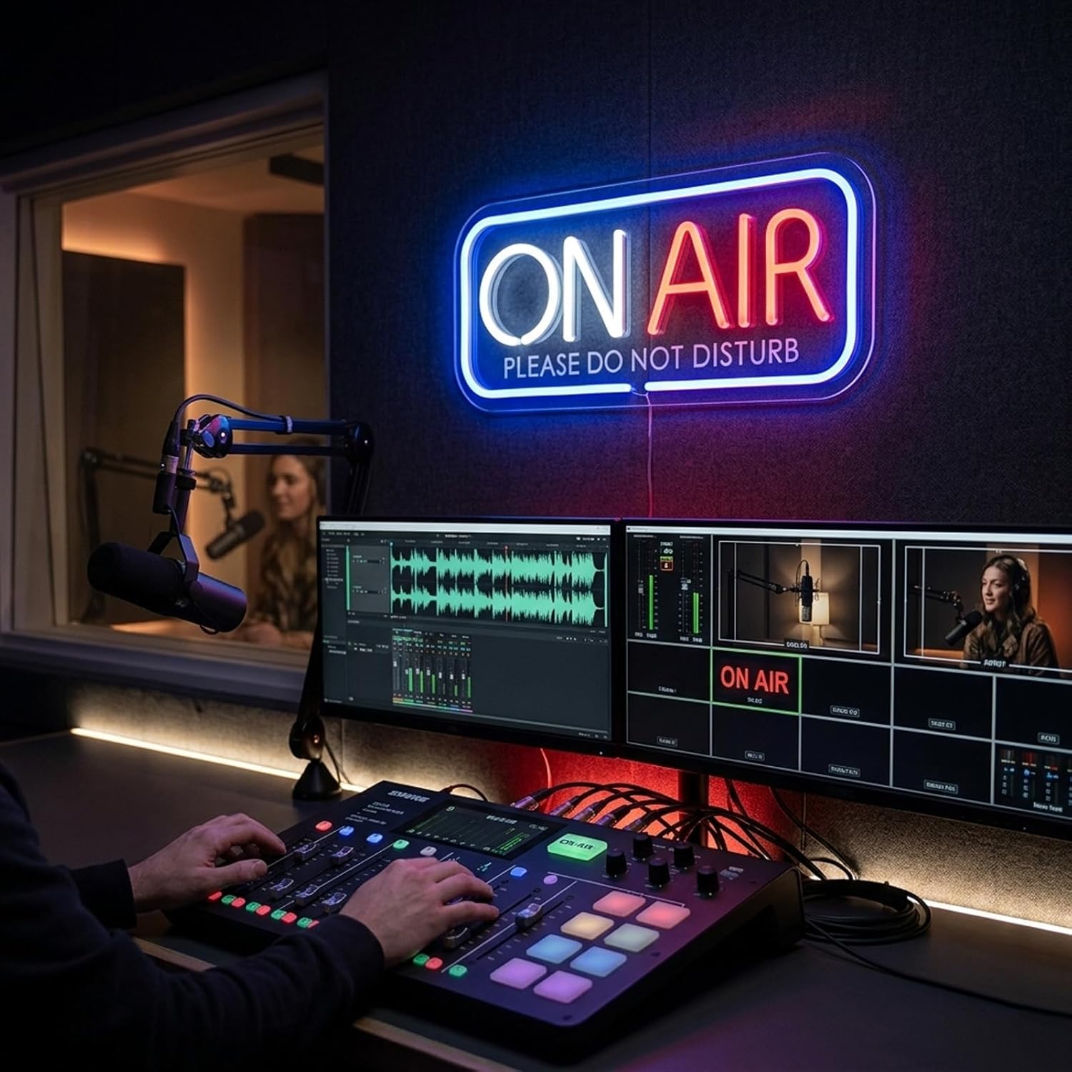 ON AIR Neon Sign with "Please Do Not Disturb" - Large 15.7" LED Recording Light for Home Studio, Podcast & Streaming - Professional Broadcaster Wall Decor for Bedroom, Office, Game Room (Red/Blue/White)
