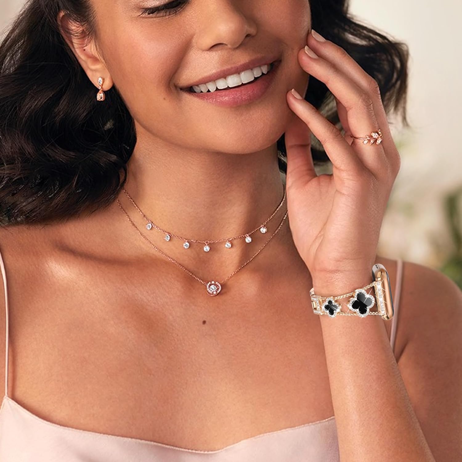 Rose Gold Bling Diamond Clover Bands Women Compatible with Apple Watch 42mm(S3/2/1) 44/45/46/49mm Lucky Sparkle Dressy Bracelet Metal Strap for iWatch Series 11/10/9/8/7/6/5/4/SE/Ultra 3/2/1 - Image 5