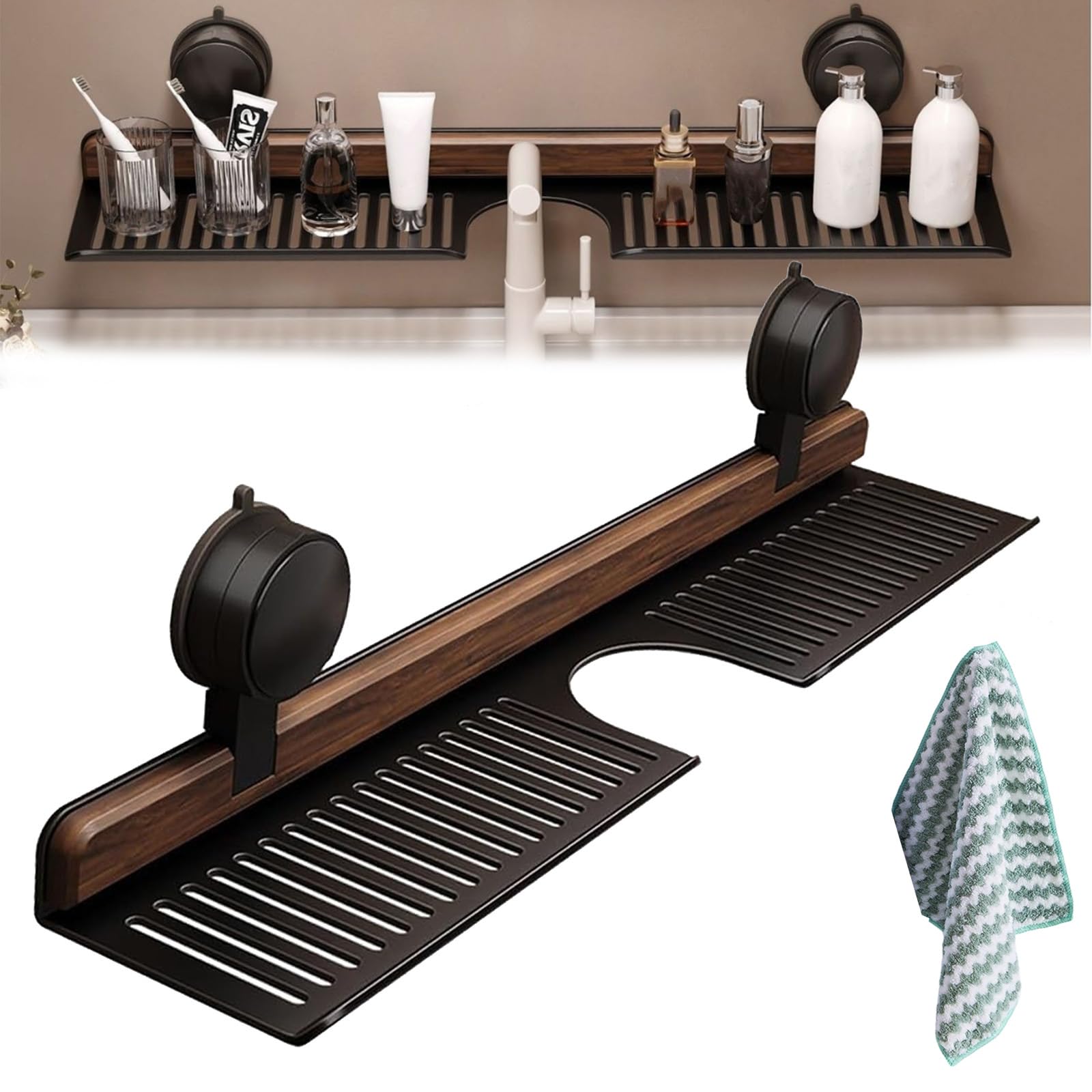 Walnut Suction Cup Bathroom Shelf, Removable Wood Faucet Storage Rack, Wall Mounted Sink Shelf Over Faucet, No Drill, for Bathroom & Kitchen, Storage for Toiletries, Bottles, Space Saver (black,23in)