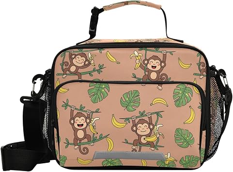 Sinestour Cartoon Monkey Leaves Banana Insulated Lunch Bag with Adjustable Shoulder Strap Removable Reusable Cooler Bag for Women Men Boys Girls Reusable Tote Lunch box for School Work Picnic