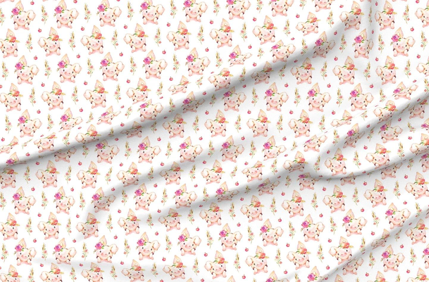 Spoonflower Fabric - Girl Pig Flowers Apples Scale Piggy Cute Little Country Farm Girls Printed on Polartec(R) Fleece Fabric by The Yard - Sewing Blankets Loungewear and No-Sew Projects