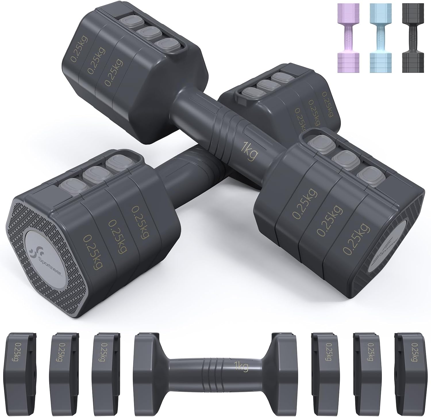 Sportneer Dumbbells Set Women: Each 1kg/1.5kg/2kg/2.5kg, 4-in-1 Weights Dumbbells Set, Weights for Women, Adjustable Dumbbell Pair for Home Gym Fitness Training