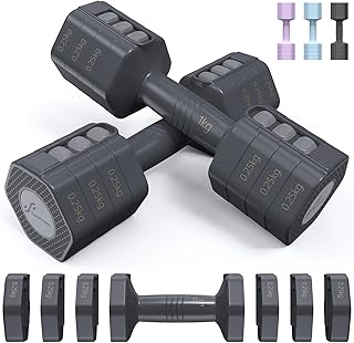 Sportneer Lot d'haltères réglables pour femme - Poids de 1 à 2,5 kg chacun - Hexagon Dumbbell - 4 en 1 - Lot de 2 haltères courts pour fitness, gym à la maison, musculation - Cadeau (noir gris)