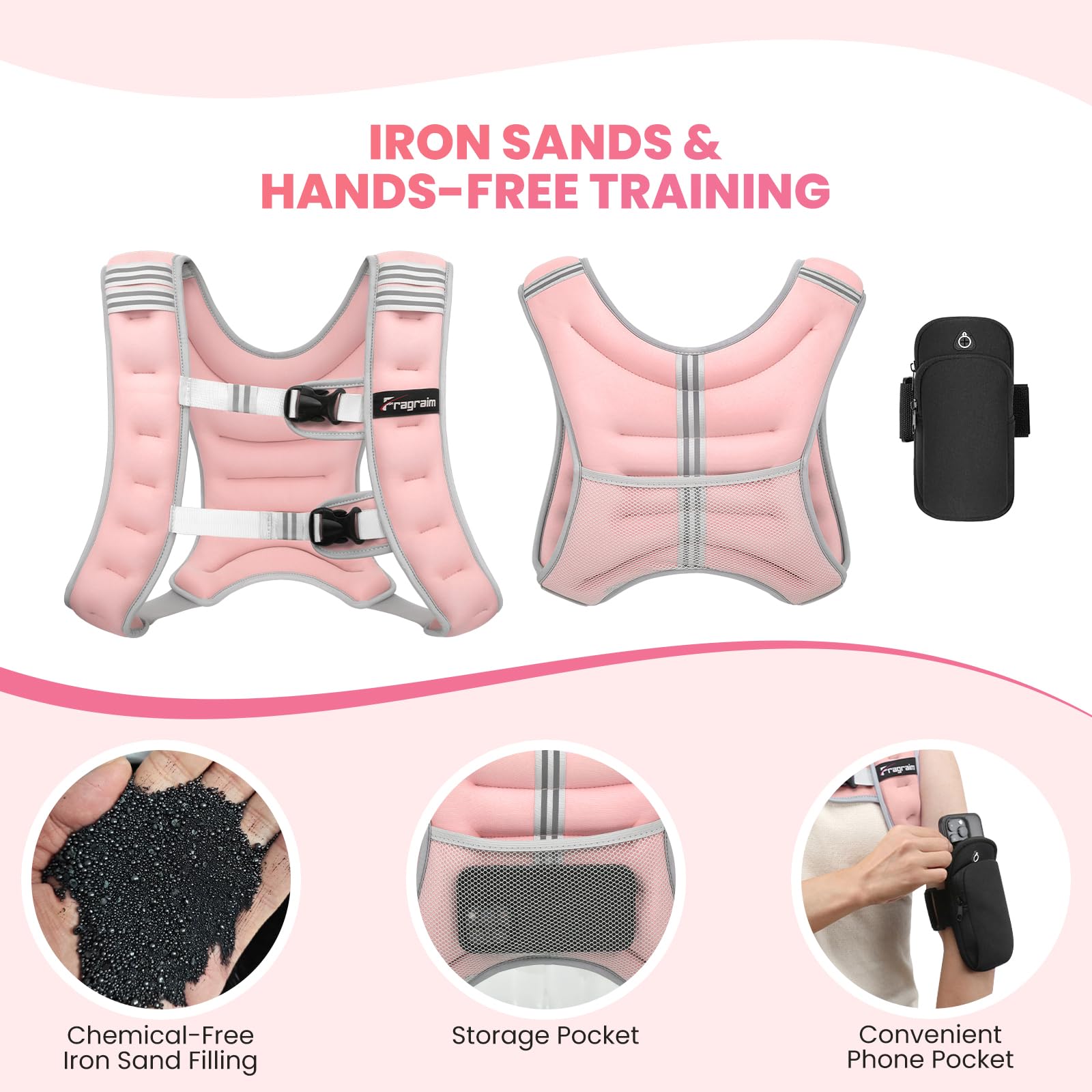 Fragraim Gilet Lesté, Veste Lestée de 6 kg/8 kg/10 kg/12 kg/16 kg pour Femmes, Pochette Amovible pour Téléphone, Idéal pour la Marche, la Musculation, L'entraînement et Le Cardio