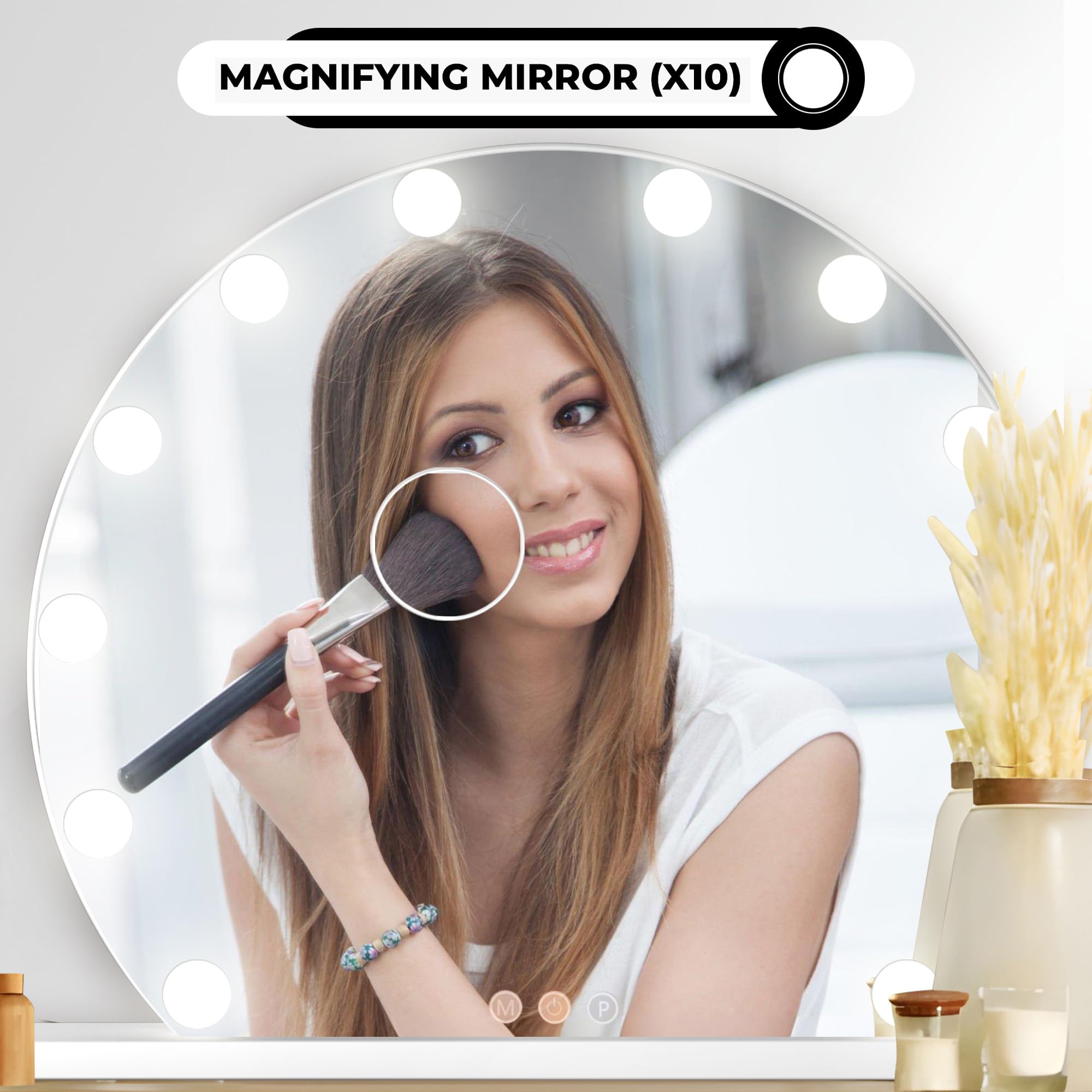 Bayt Hollywood - Espejo de maquillaje con iluminación LED, regulable, 3 modos de luz y 10 aumentos, gran espejo cosmético para tocador, 55 cm de diámetro, color blanco