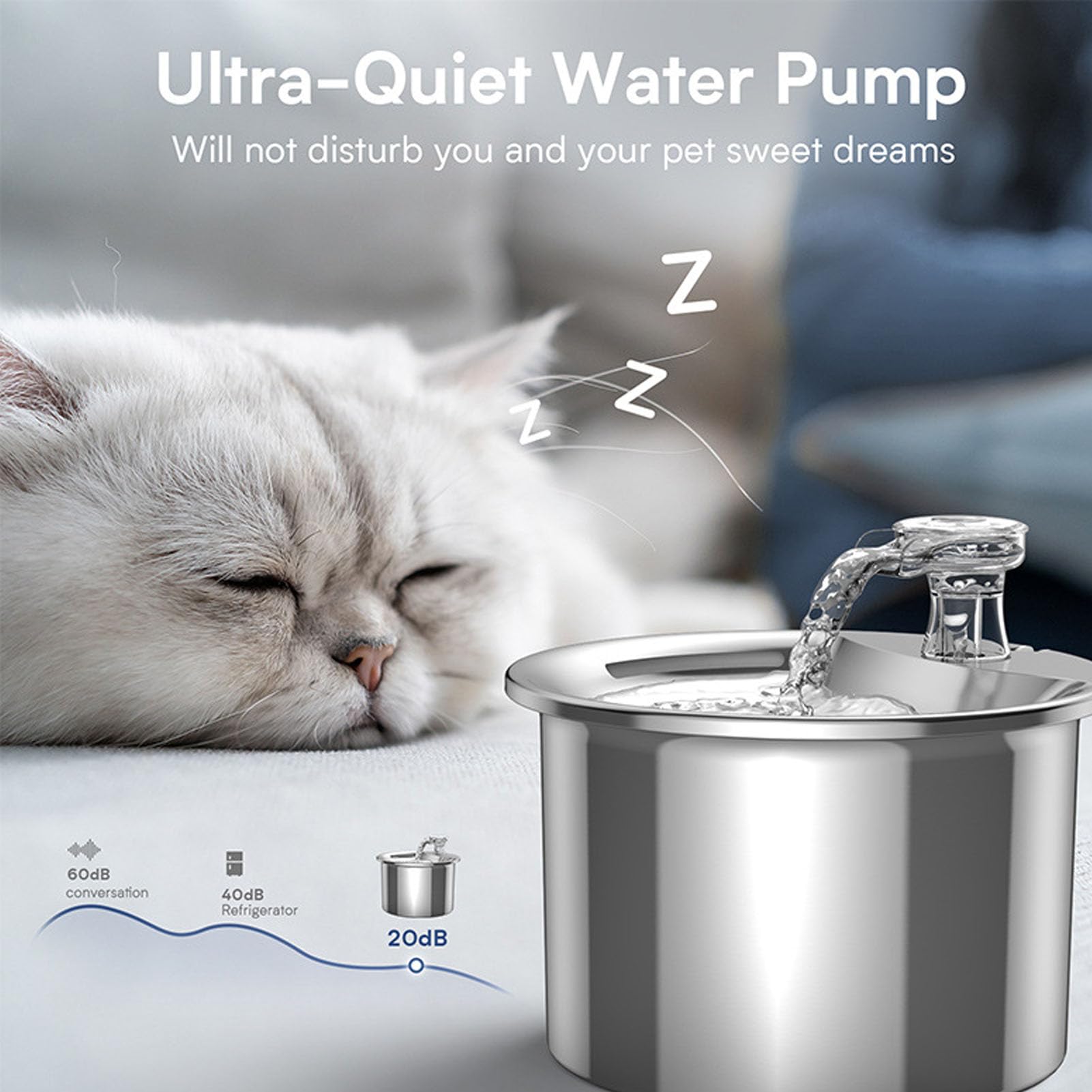 Cat Water Fountain, 2L/67Oz Automatic Pet Water Fountain, 304 Stainless Steel Dog Water Dispenser, Ultra-Quiet Pump Recirculation Filtration for Cats, Dogs, Pets - image 3