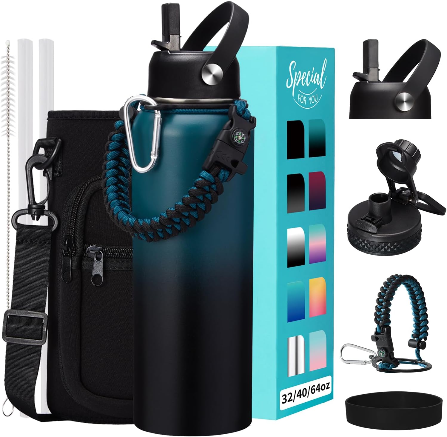 32/40/64OZ Insulated Water Bottle - Keep Cold 48H Hot 24H, Combo Straw/Spout Lids, Paracord Handle for Gym/Hiking, Carrier Bag +Strap, Cup Mat, BPA-Free Stainless Steel Flask Jug