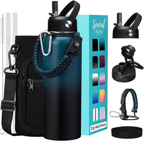 Botella de agua aislada al vacío de 40 onzas Mantiene el frío 48 horas caliente 24 horas combo tapas con popote y boquilla mango de paracaídas de