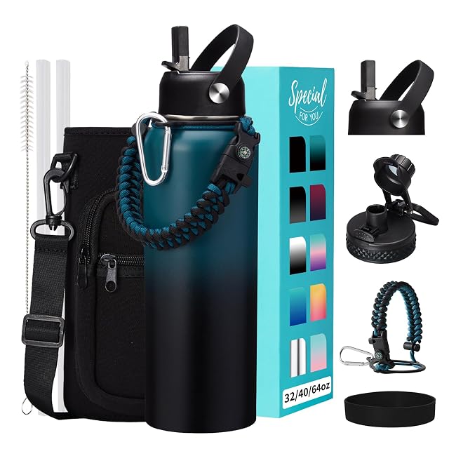 32 40 64OZ Insulated Water Bottle - Keep Cold 48H Hot 24H Combo Straw Spout Lids Paracord Handle