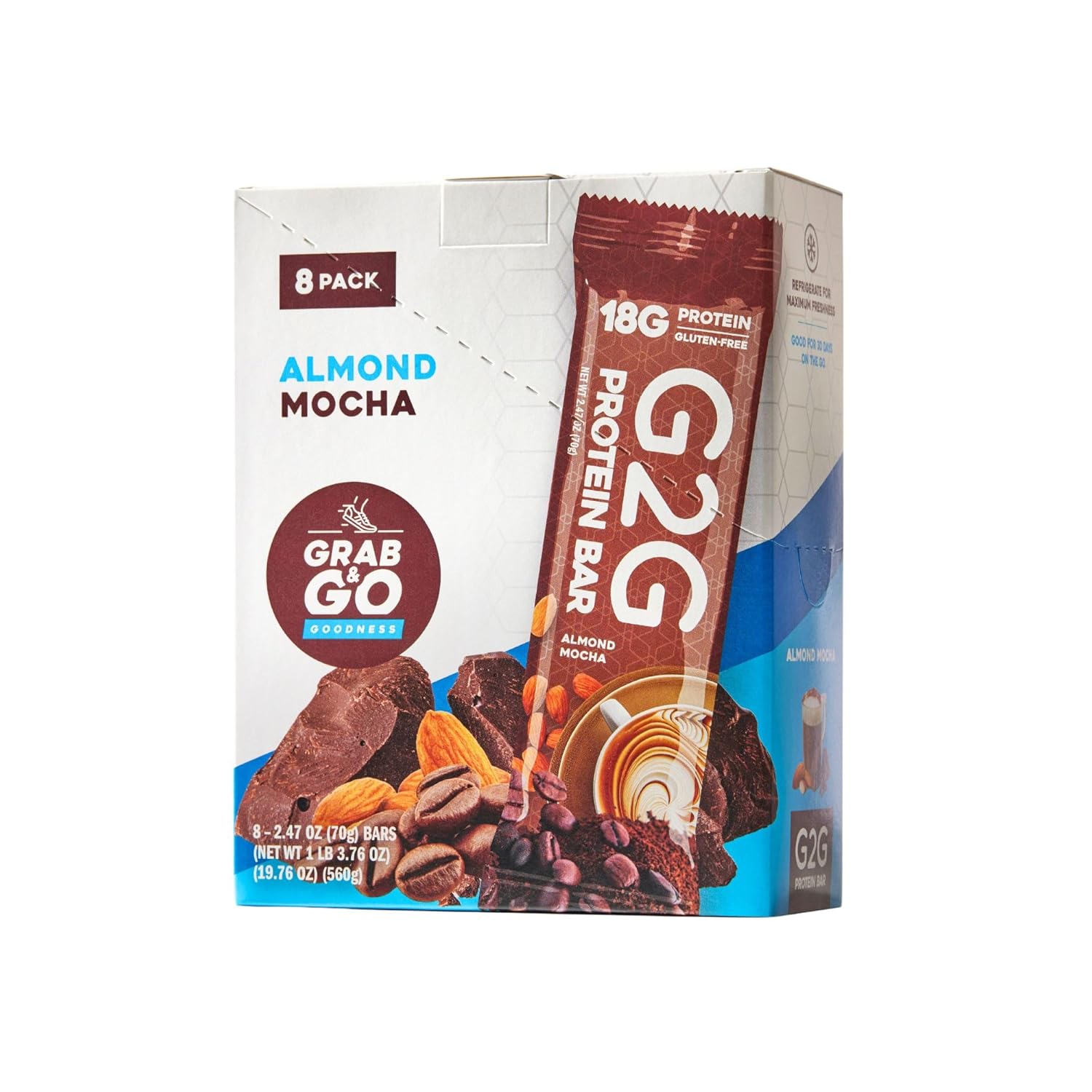 Barrinha de Proteína G2G, Mocha de Amêndoas, Ingredientes Naturais, Refrigerada para Frescor, Snack Saudável, Substituto de Refeição Delicioso, Sem Glúten, 8 Unidades
