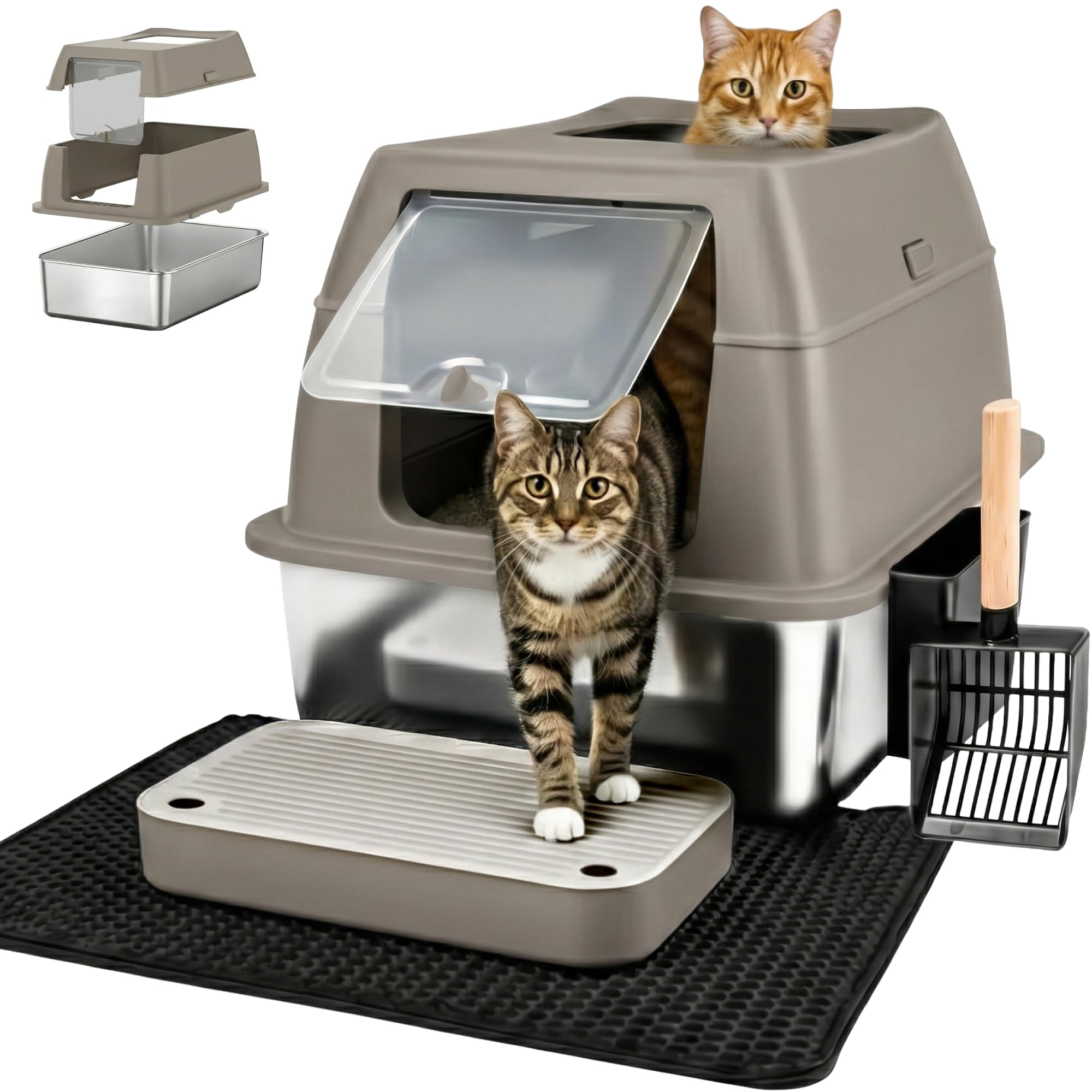 Arenero Gato Acero Inoxidable XXL – Arenero Acero Inoxidable Cerrado de Doble Entrada con escalón, Pala y Alfombrilla – Fácil de Limpiar, antiolores, Caja de Arena para Gatos Grandes - Marrón Certificado ClimatePartner