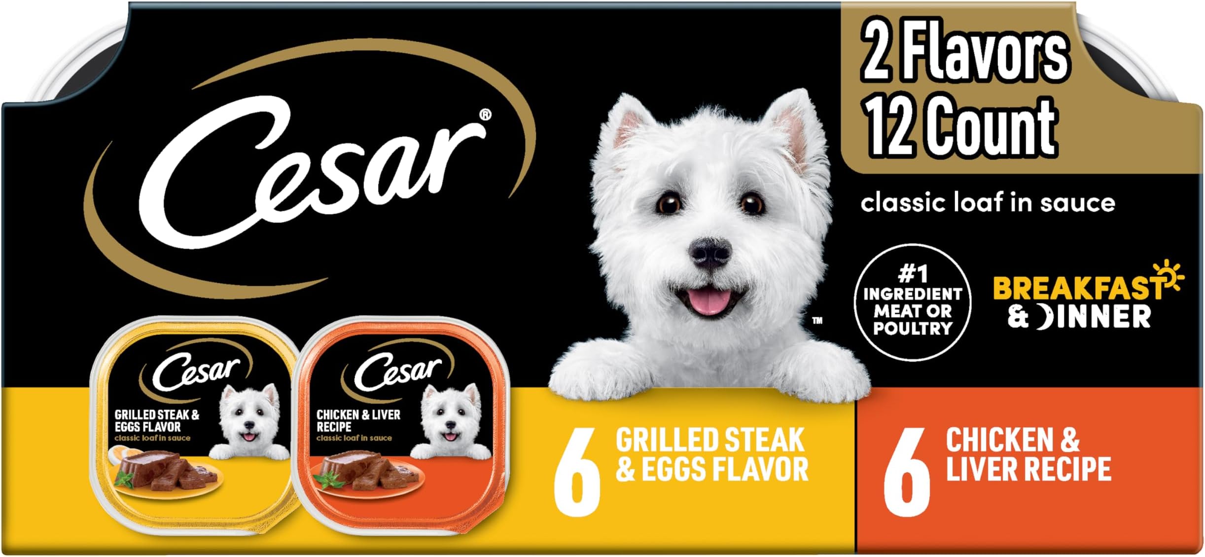 Classic Loaf in Sauce Adult Wet Dog Food, Breakfast and Dinner with Grilled Steak & Eggs Flavor, and Chicken & Liver Flavor, 3.5 oz. Easy Peel Trays, Variety Pack (12 Count, Pack of 1)