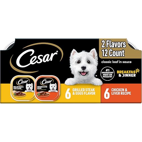 Cesar Wet Dog Food Classic Loaf in Sauce, Beef Recipe, Filet Mignon Flavor, Grilled Chicken Flavor, and Porterhouse Steak Flavor, 3.5 oz. Easy Peel Trays, Variety Pack, 12 Count