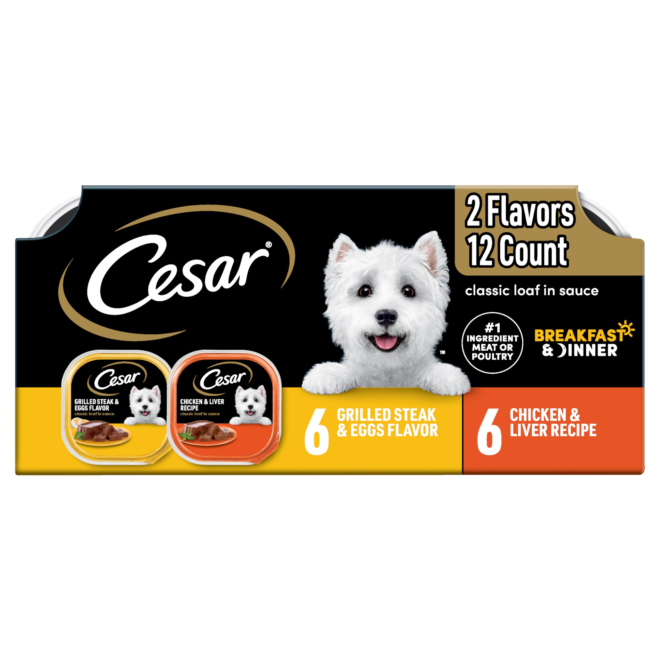 Cesar Wet Dog Food Classic Loaf in Sauce, Beef Recipe, Filet Mignon Flavor, Grilled Chicken Flavor, and Porterhouse Steak Flavor, 3.5 oz. Easy Peel Trays, Variety Pack, 12 Count