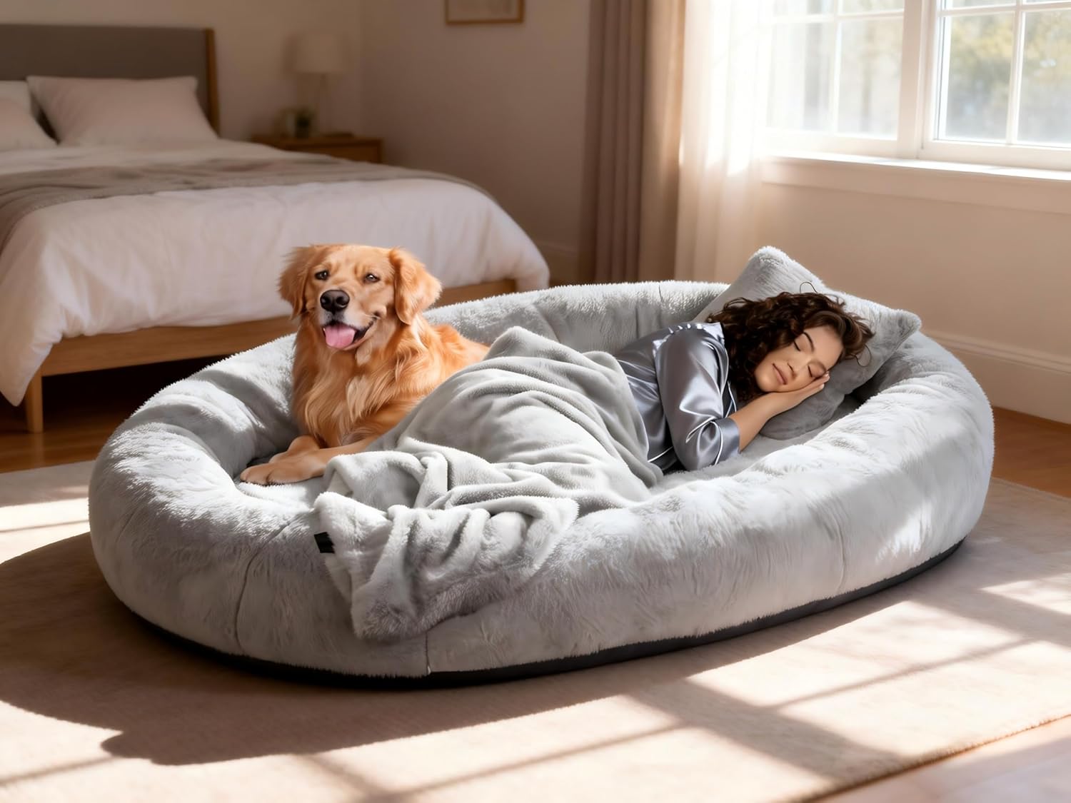 Elevon Human Dog Bed for Adults, 71"x47"x12" Large Size Dog Bed with Soft Blanket & Pillow, Comfort Washable Faux Fur Fluffy NEP Bed for People, Removable Memory Foam, Gray