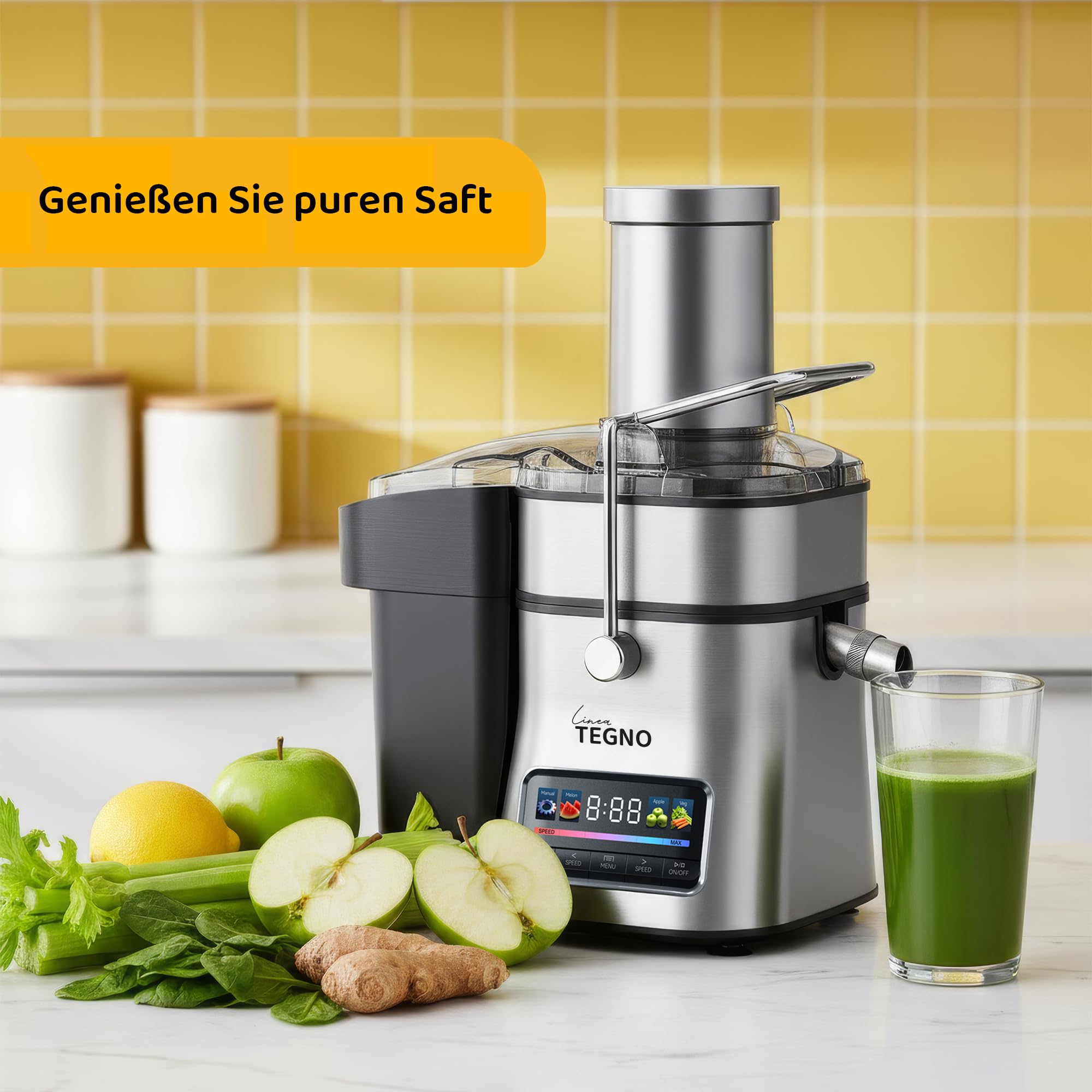 Super Juicer - Linea Tegno - Professioneller Edelstahl Entsafter - Entsafter für Obst und Gemüse - 1500W - Extra große Einfüllöffnung - 2,5L Fruchtfleischbehälter - 1L Saftbecher, LED-Farbdisplay