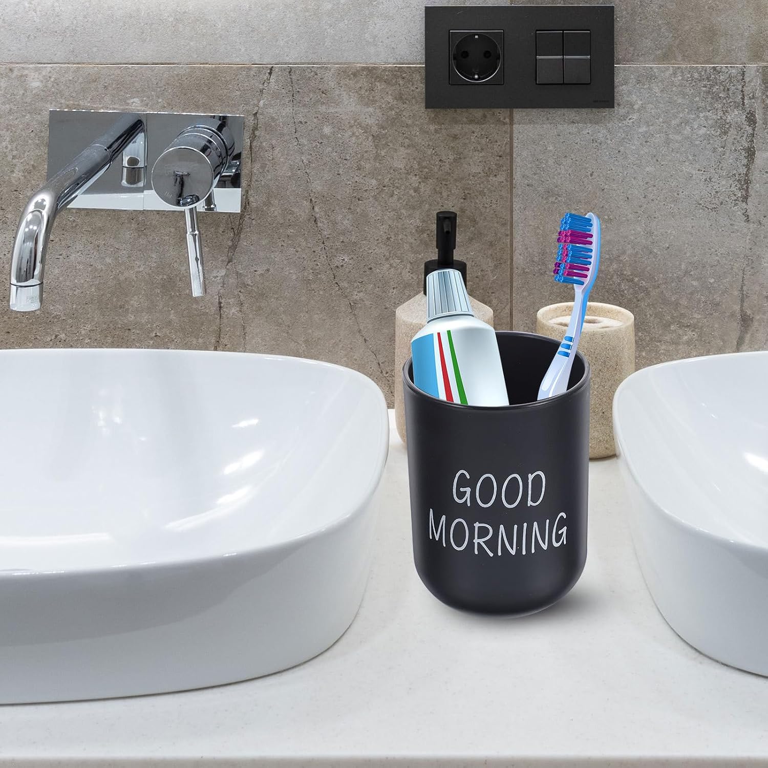 Ciieeo 2Pcs Black Matte Plastic Bathroom Toothpaste Cups Toothbrush Tumblers for Home Mouthwash and Drinking, Travel-Friendly Bathroom Mug Set