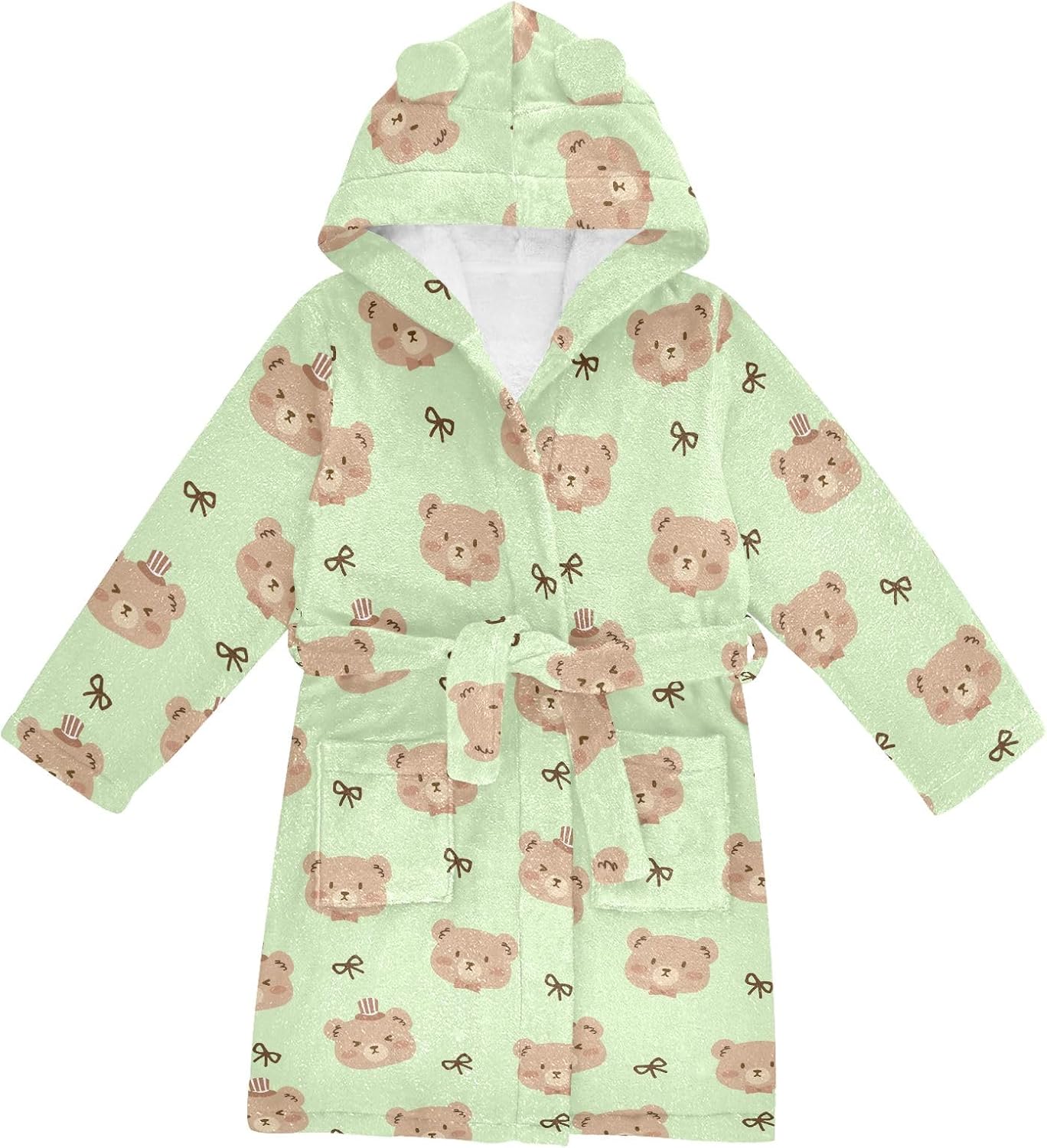 Cute Brown Bears Green Print Toddler Hooded Bathrobe for Boys Girls Soft Plush Bath Towel Robe 2-12 Years
