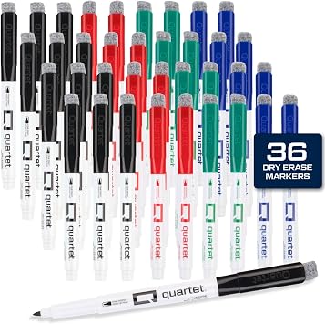 Quartet Dry Erase Markers, Fine Tip White Board Dry Erase Markers with DryGuard Ink Protection, Office Essentials, Black, Red, Blue, Green, 36 Pack Q120Z03-R