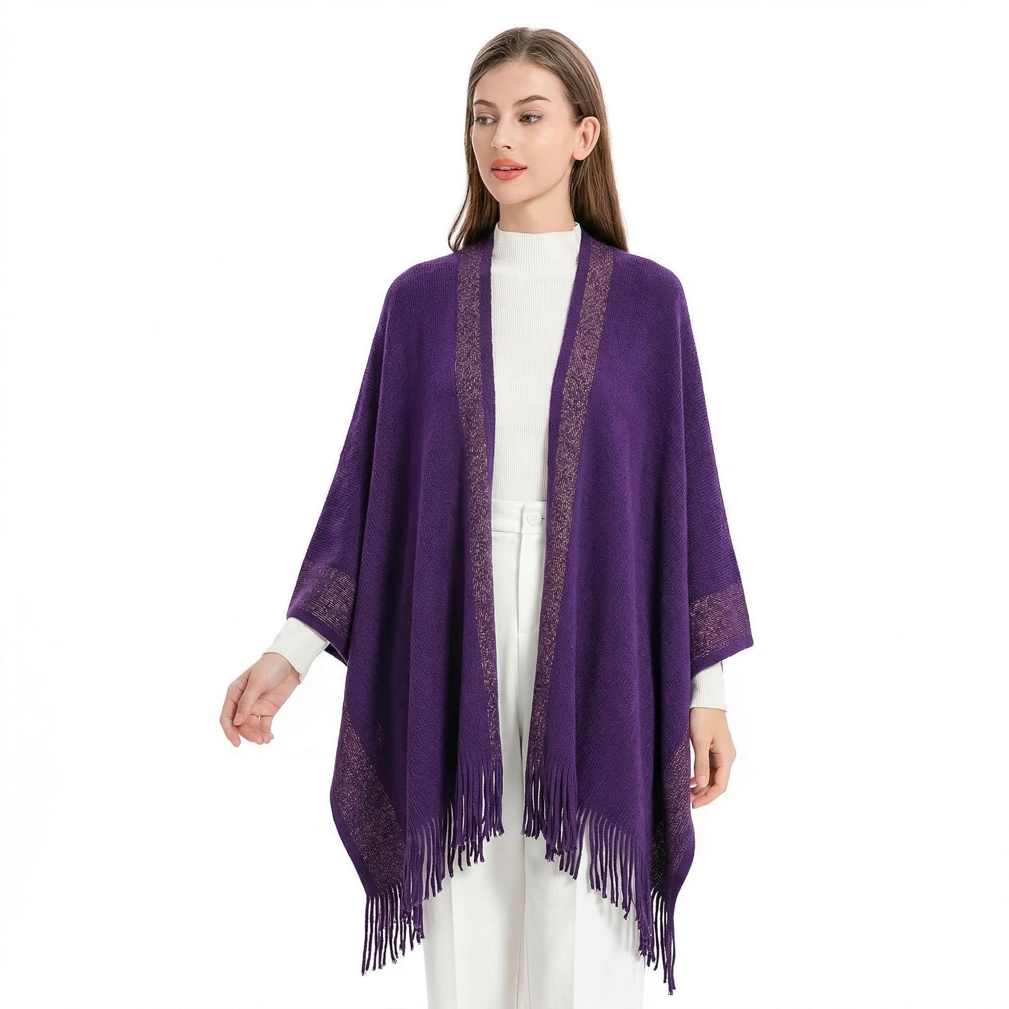 ZLYC Femmes Hiver Ouvert Cape Chaud Poncho Garniture à Franges