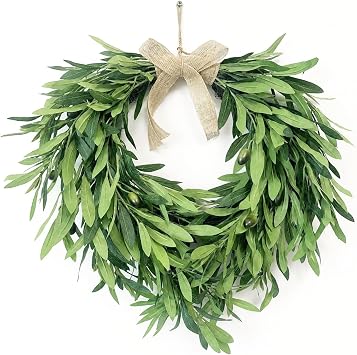 24 Inch Olive Wreath for Front Door, Spring Summer Farmhouse Decor | Burlap Bow, Artificial Greenery Olive Leaf & Berry, All Season Indoor Outdoor Porch Wall Entryway Decor