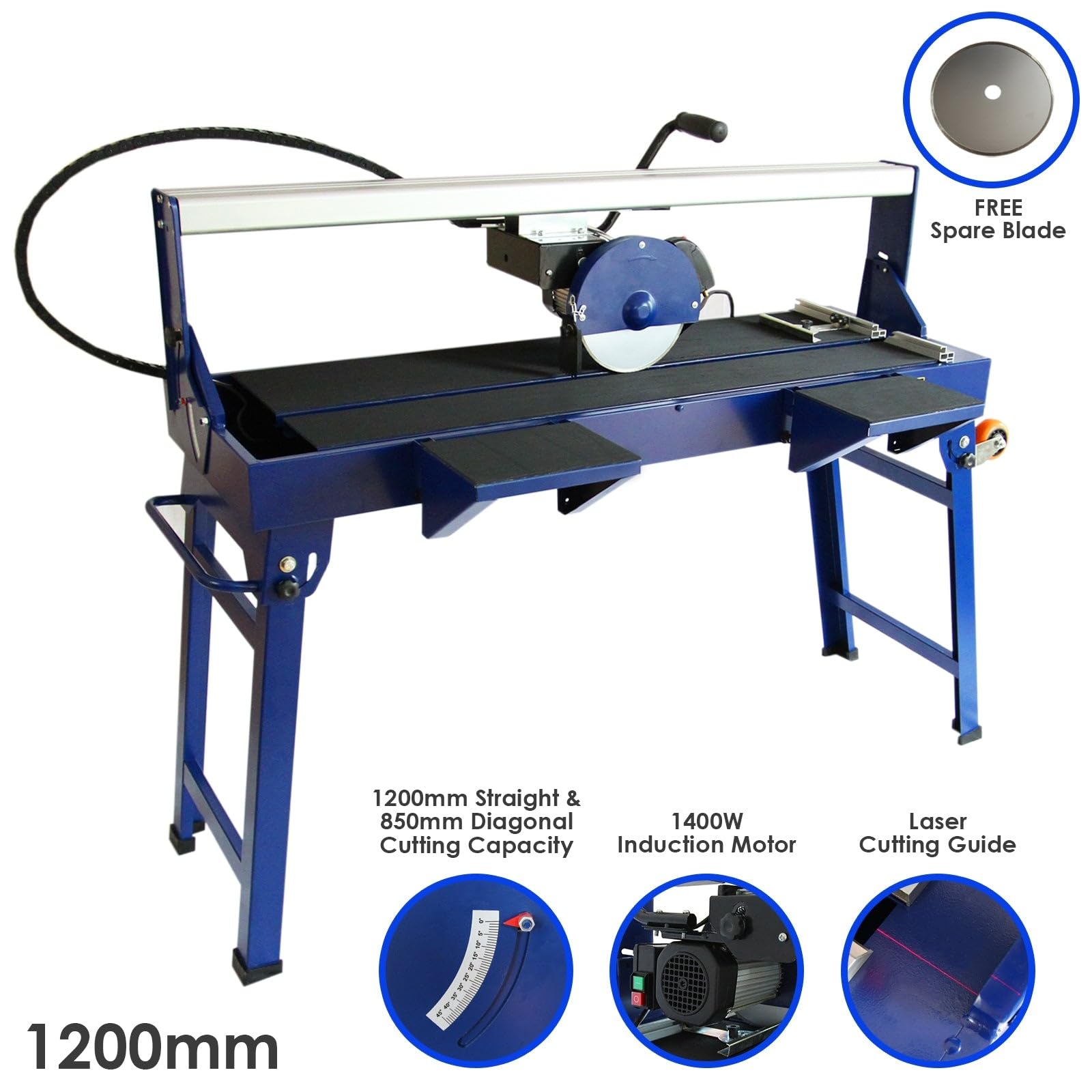 Scie à Carrelage sur Table de Sciage de 1200mm, Coupe Carreaux Électrique, Scie de Table, Moteur Robuste de 1400W, Angle de couple 0-45°, Portable [2x Lames Diamantées & Laser Guide de Coupe INCLUS]