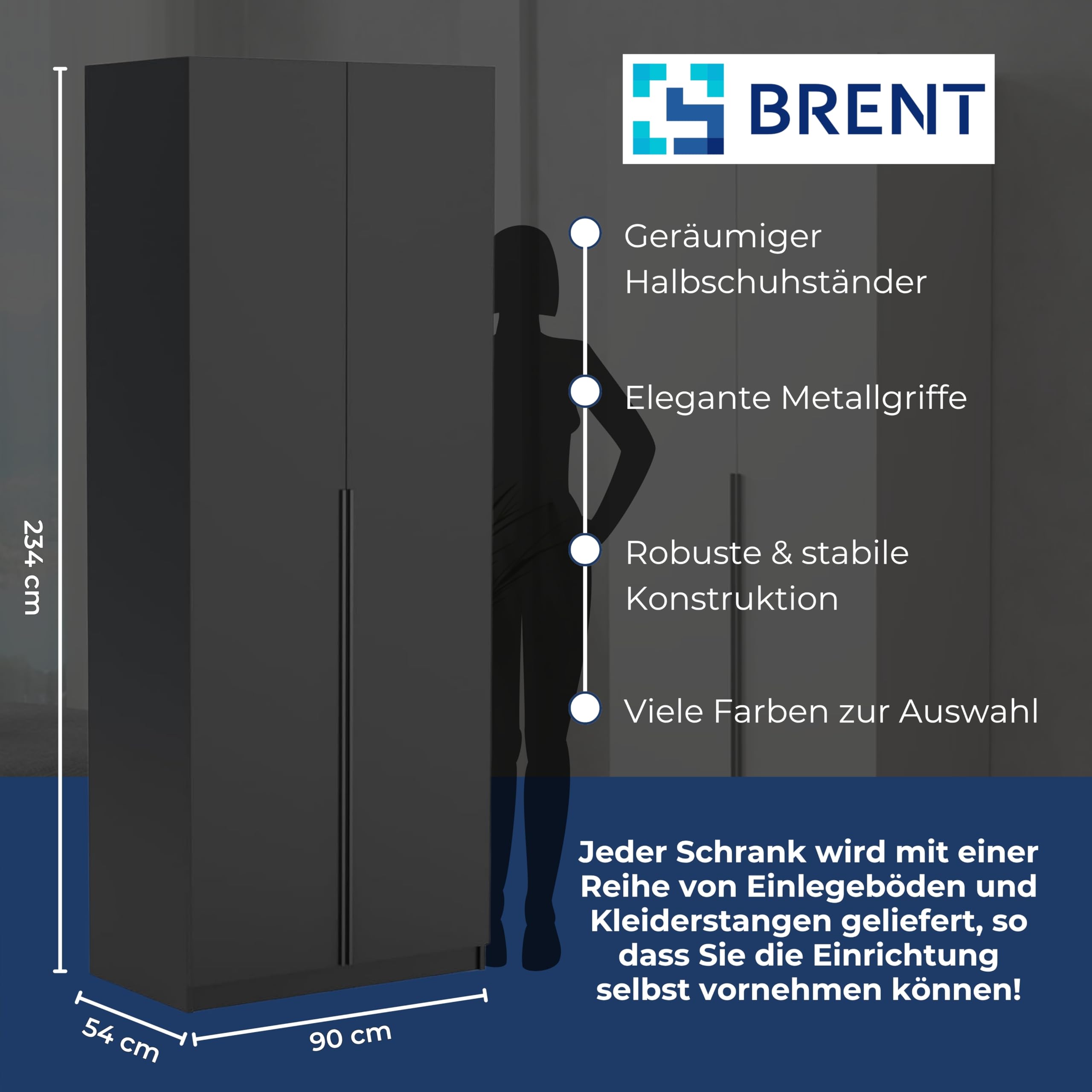 Brent - Kleiderschrank Bristol Schwarz 90 cm Breite, 2-türig, Mehrzweckschrank mit Einlegeböden und/oder Kleiderstange, Aufbewahrungsschrank, Modern Metallgriffe in Schwarz