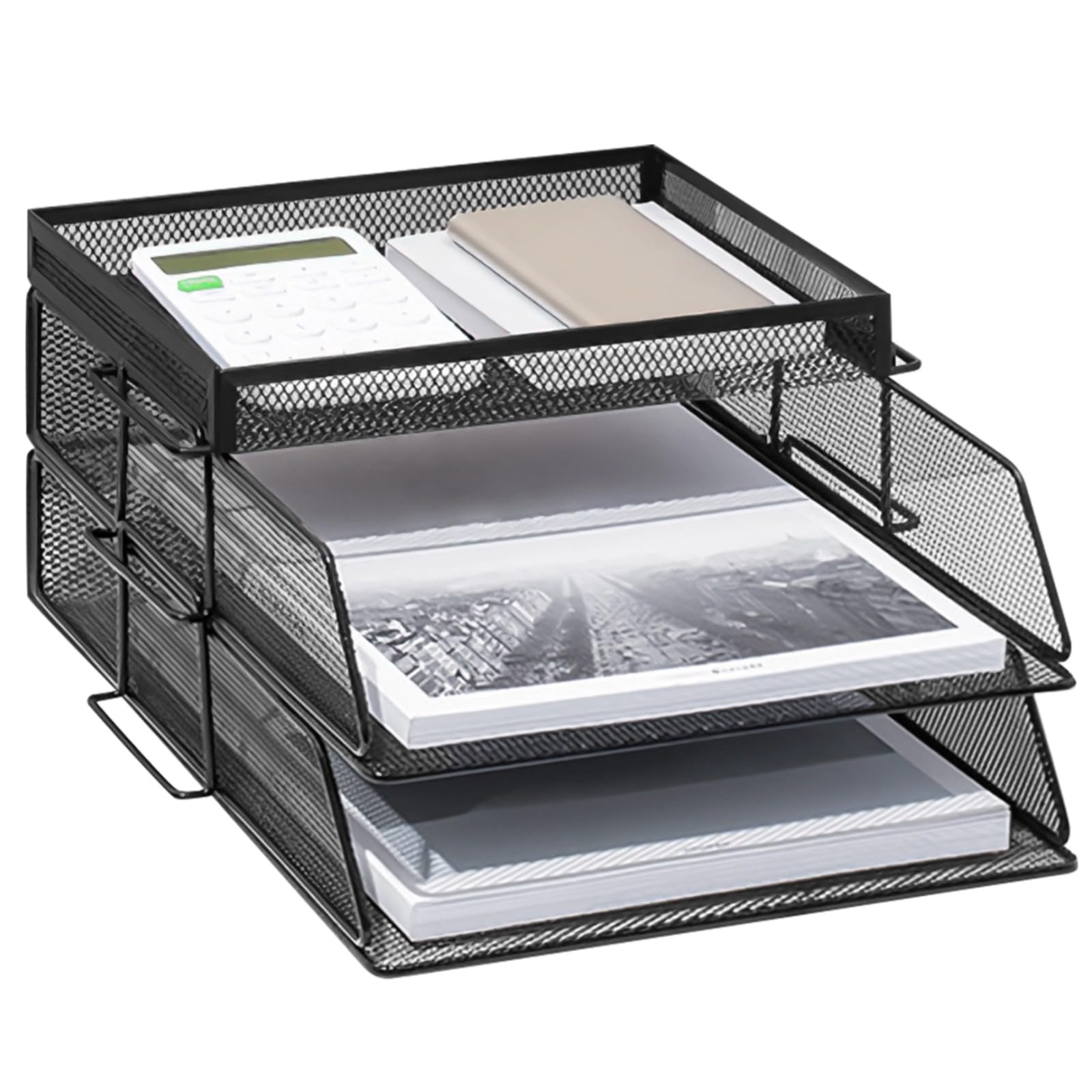 3 Tiers Desk Mesh Organizer, Desktop Metal Letter Mesh Tray, Office Desk Paper Tray Organizer with Mesh Sides, File Magazine Mail Organizer Tray, Tabletop Mesh Storage Holder for Home and Office