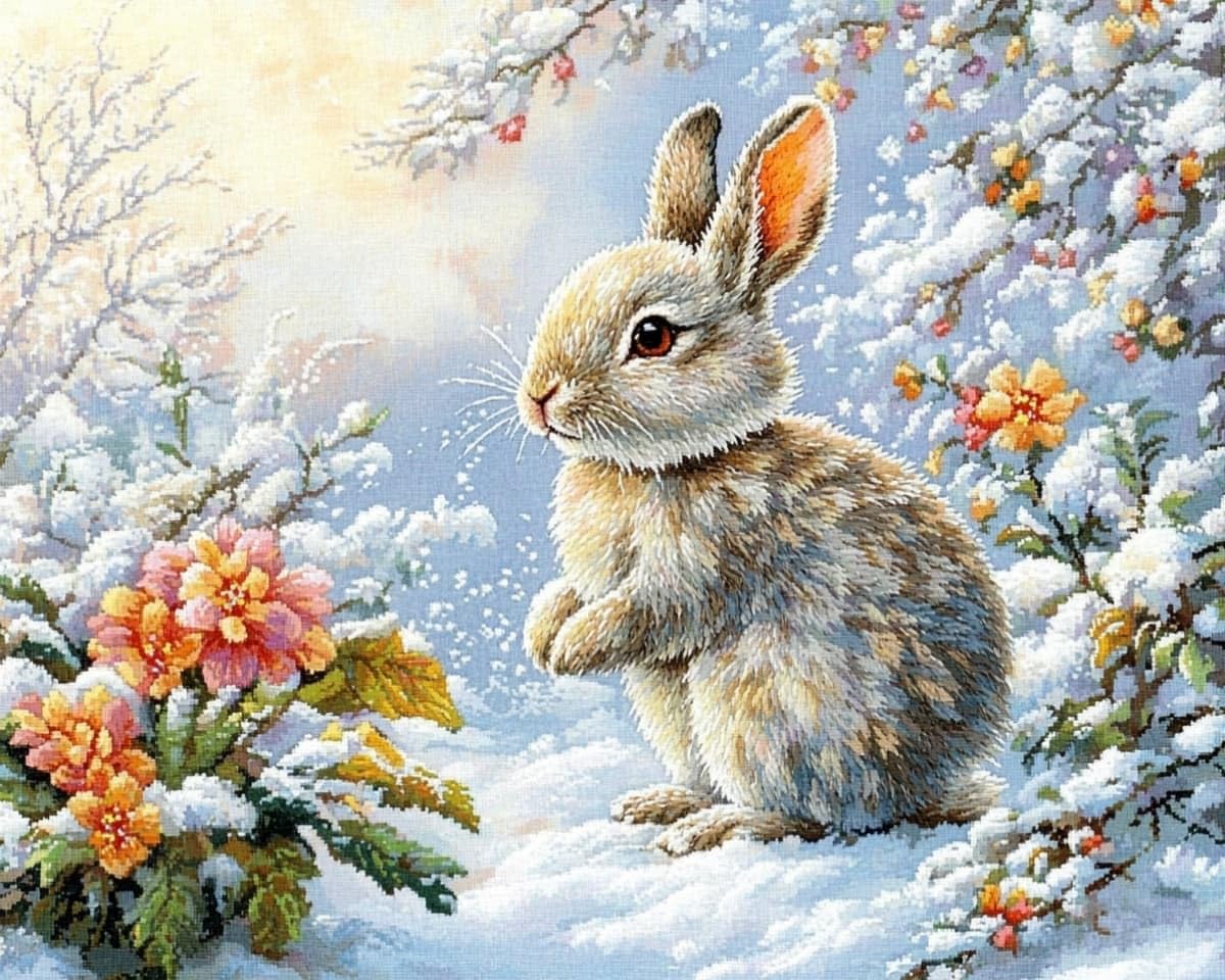 AxiangziK Cross Stitch Kits for Adults Beginners,Rabbits and Flowers in the Snow DIY Gift Embroidery Needlework Crafts Home Decor 16x20 inch Easy (11CT Pre-Printed)
