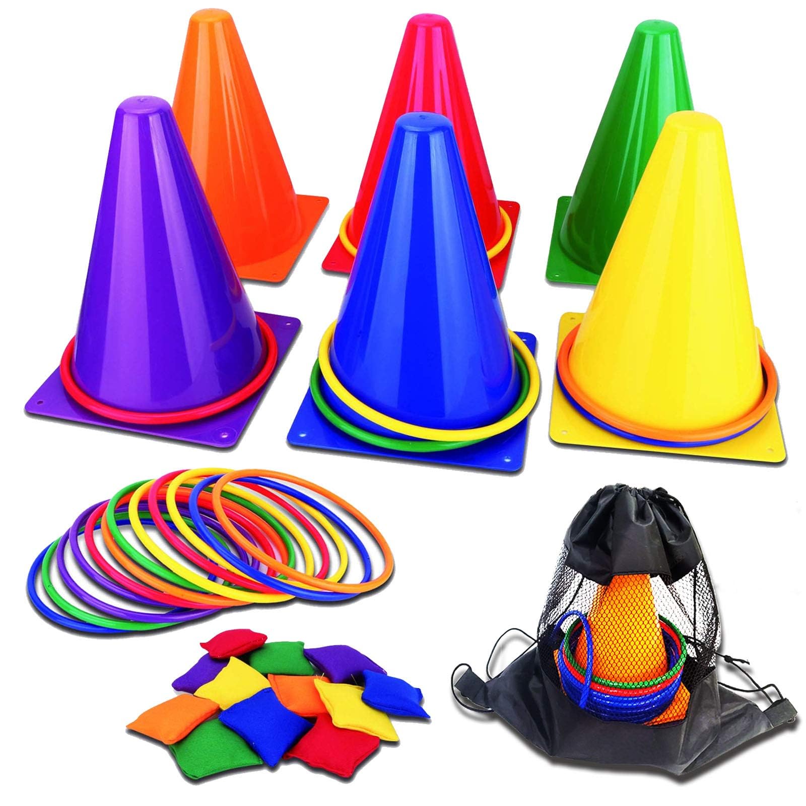 SLEEPHEAD® 3 in 1 Outdoor Games Combo Set for Kids, 26PCS Coolchic Outdoor Yard Lawn Game, Soft Plastic Cones Bean Bags Ring Toss Game, Gift for Indoor or Outdoor Birthday Party/Carnival large Cone