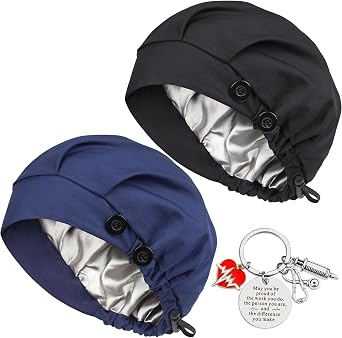 2Pcs Satin Lined Bouffant Scrub Cap with 4 Buttons and Sweatband Adjustable