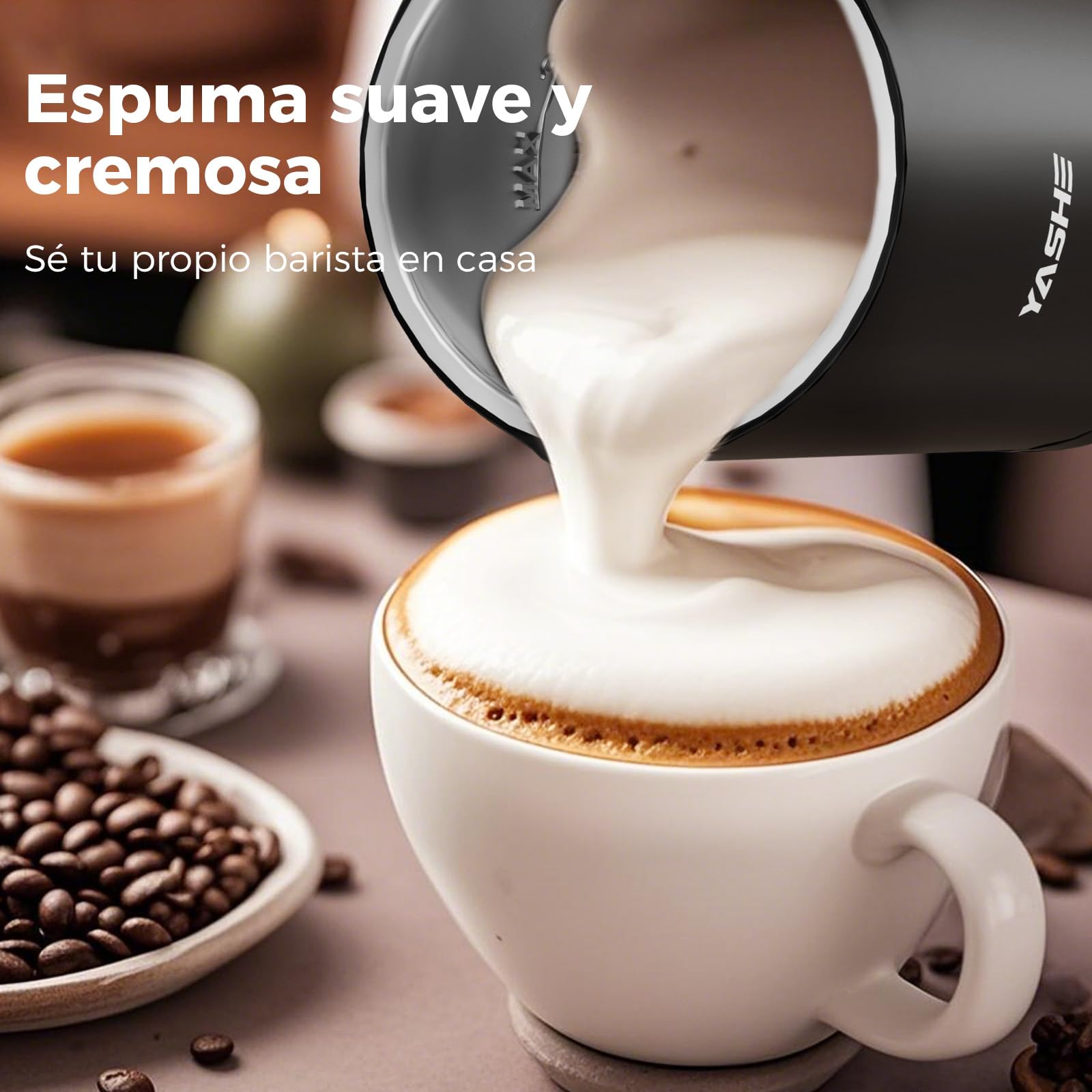 YASHE 4 en 1 Espumador y Calentador de Leche Eléctrico 500W, 300ml para Espuma Caliente/Fría, Ideal para Café, Capuchino, Latte, Macchiato, Silencioso, Revestimiento Antiadherente, Fácil Limpieza