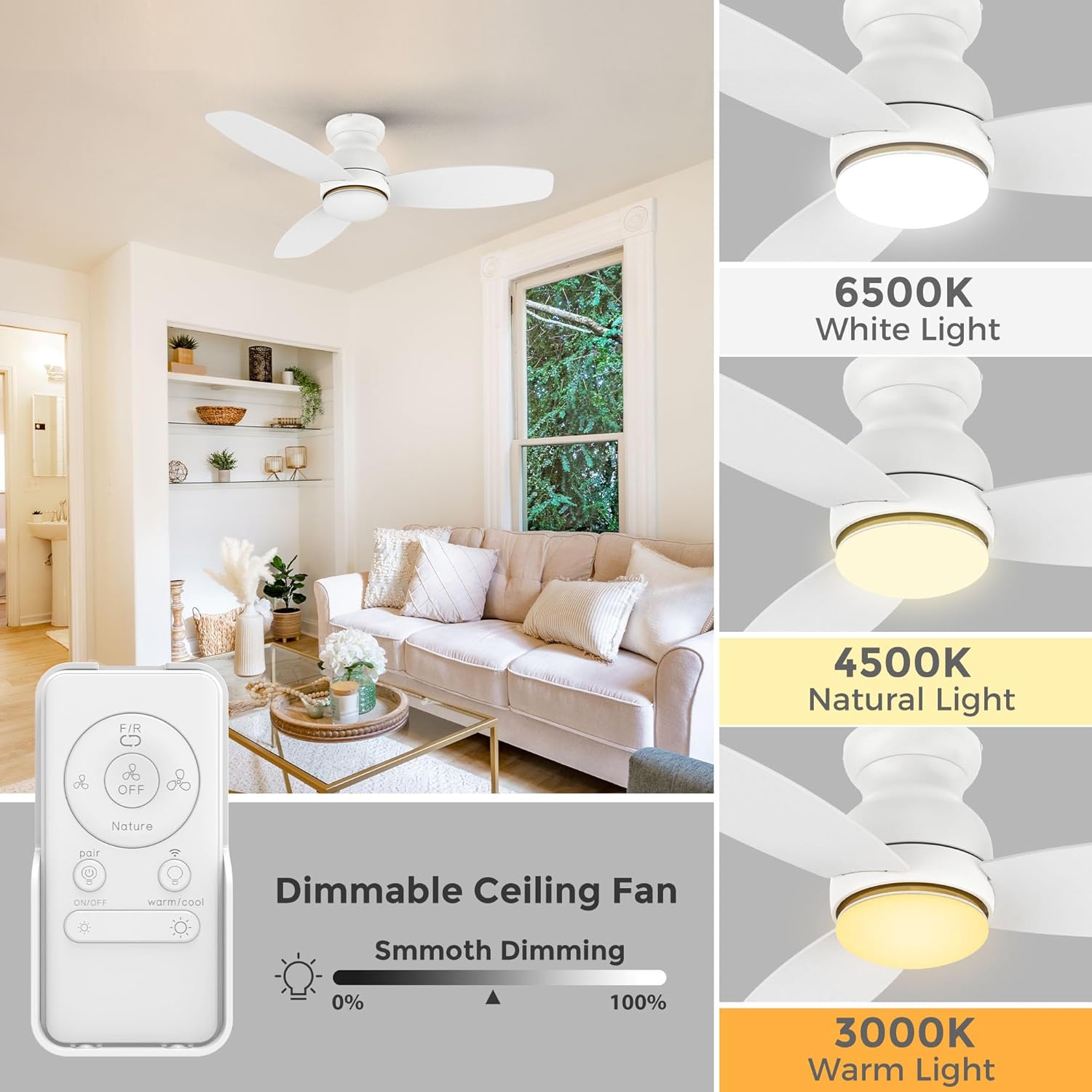 Carro Ceiling Fan with Lights, Indoor & Outdoor Ceiling Fan, 48" Low Profile DC Smart Ceiling Fan Compatible with Alexa, Siri, Google Home & Smart APP, 2 Colors of Reversible Blades,White