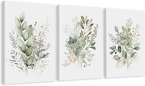 WRFON Juego de 3 arte botánico de acuarela para pared, diseño bohemio de flores silvestres verde salvia, arte de pared moderno floral para