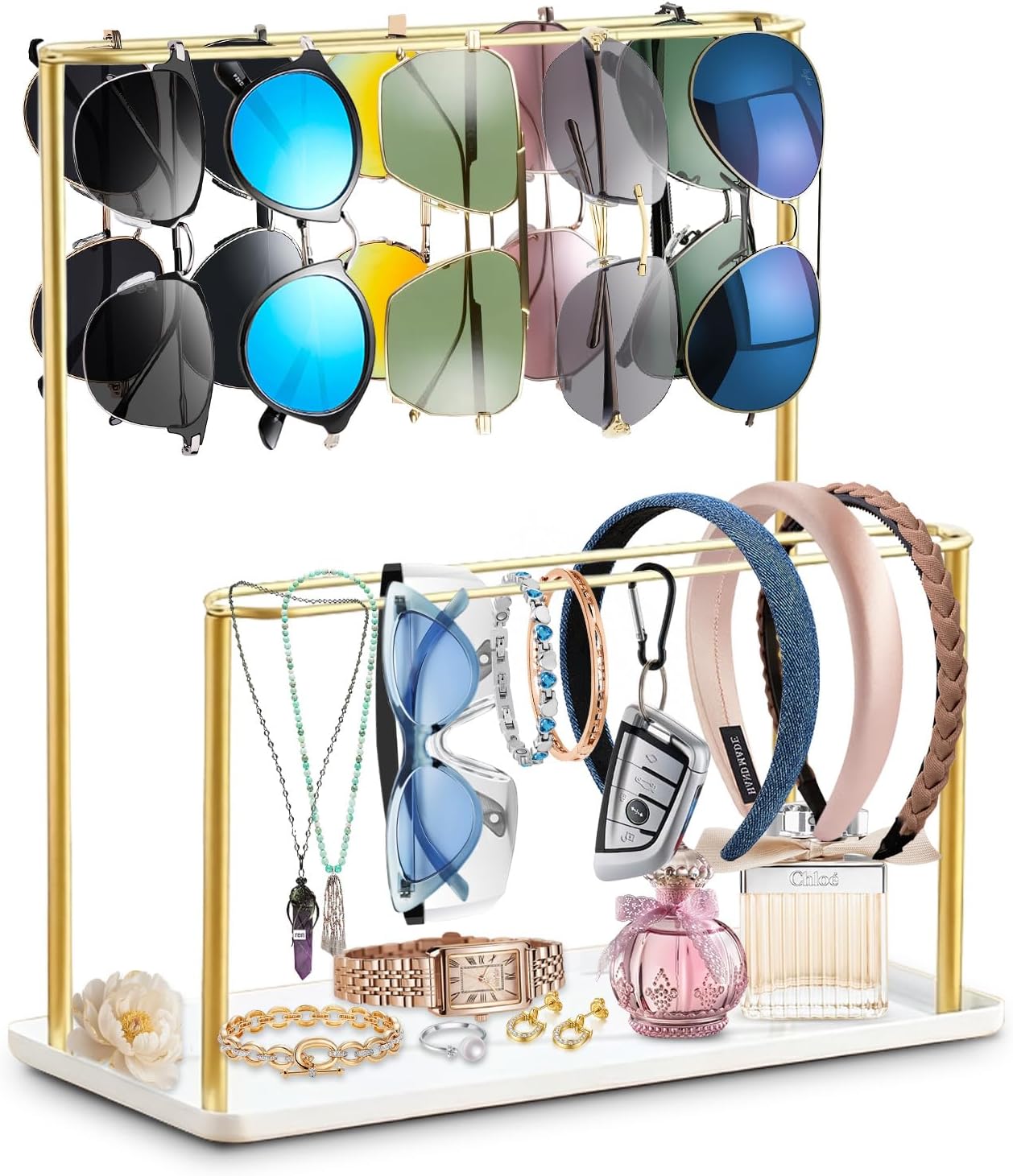 2-Tier Eyeglass Display Rack, Sunglasses Organizer Glasses Holder Stand with Tray, Holds 28 Pairs, Gold Metal for Retail Counter & Nightstand