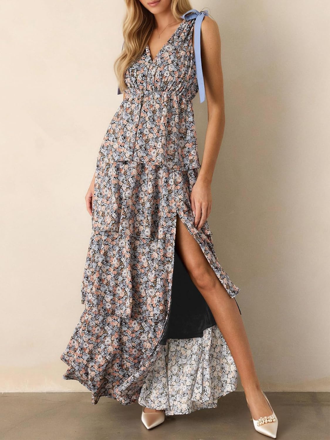 Wenrine Womens Summer Floral Maxi Dress Tie Strap Sleeveless V Neck High Slit Boho Ruffle Tiered Beach Dresses - Image 2