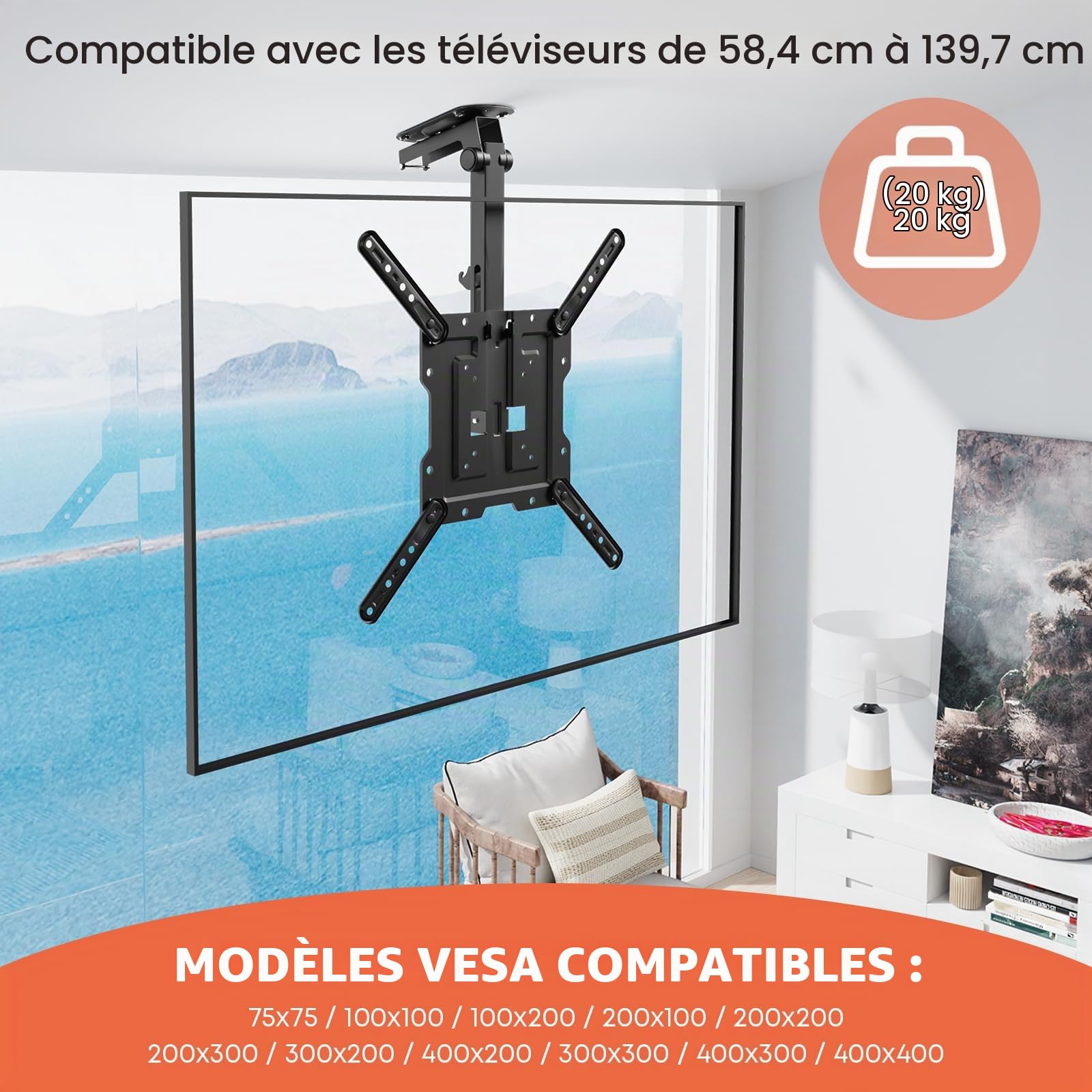 PUTORSEN 23 à 55 Pouces Support TV Plafond, Pliable Support de Téléviseur Pivotant Ajustable pour Plafonds Plats ou Inclinés,Hauteur Réglable Support Plafond TV pour un Maximum 20KG,Max VESA 400x400mm