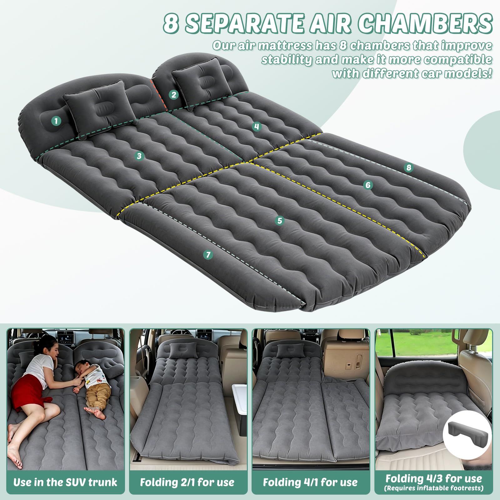 Materasso per auto, doppio lato ispessito, materasso gonfiabile per auto, da campeggio, per bagagliaio, sedile posteriore, materasso ad aria spesso con due cuscini, per campeggio, viaggi, spiaggia (2)