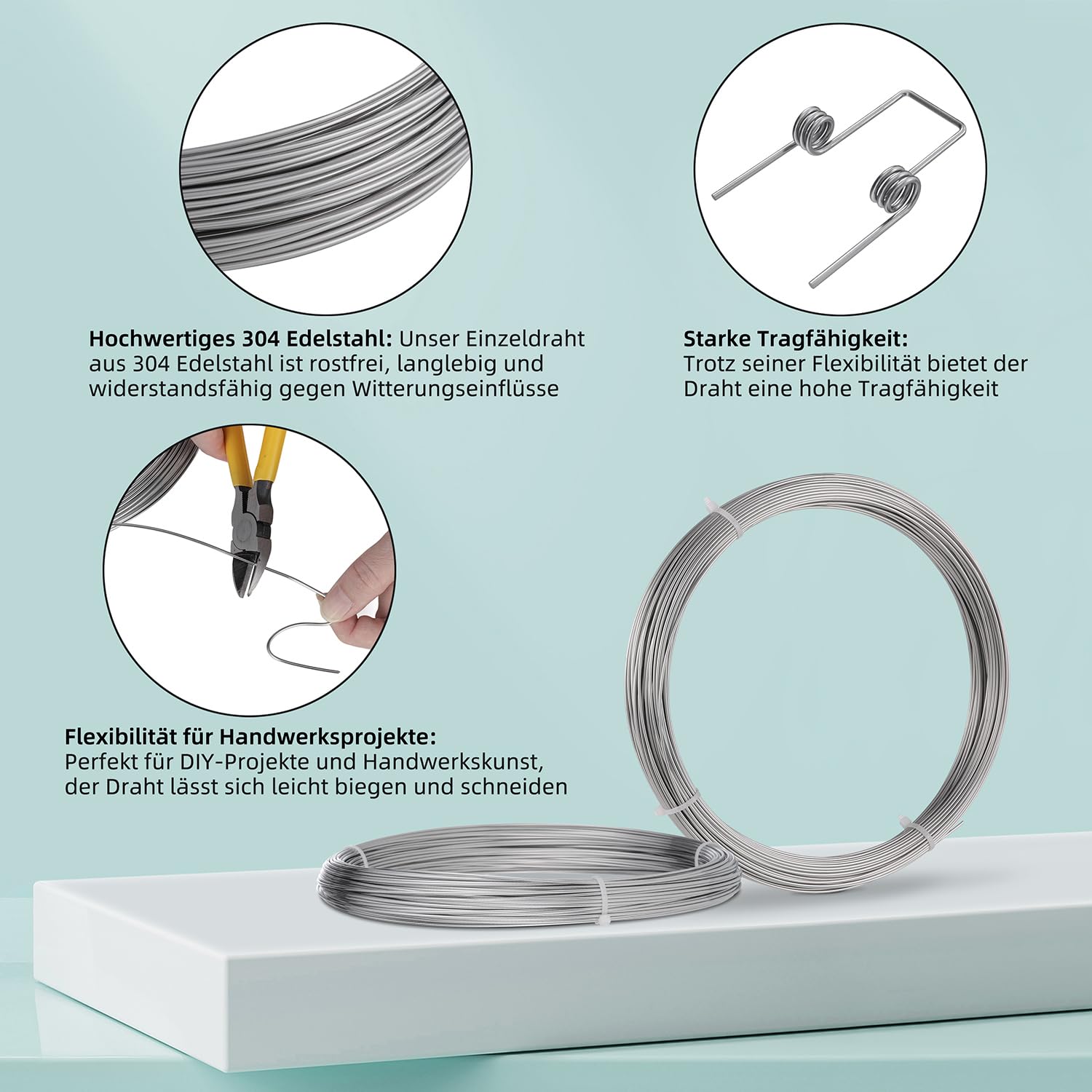 Fil d'acier à ressort 100 m - Fil en acier inoxydable 304 - Diamètre 0,8 mm - Fil à ressort en acier inoxydable argenté - Fil dur, fil droit, pour bricolage, bricolage, câblage de jardin