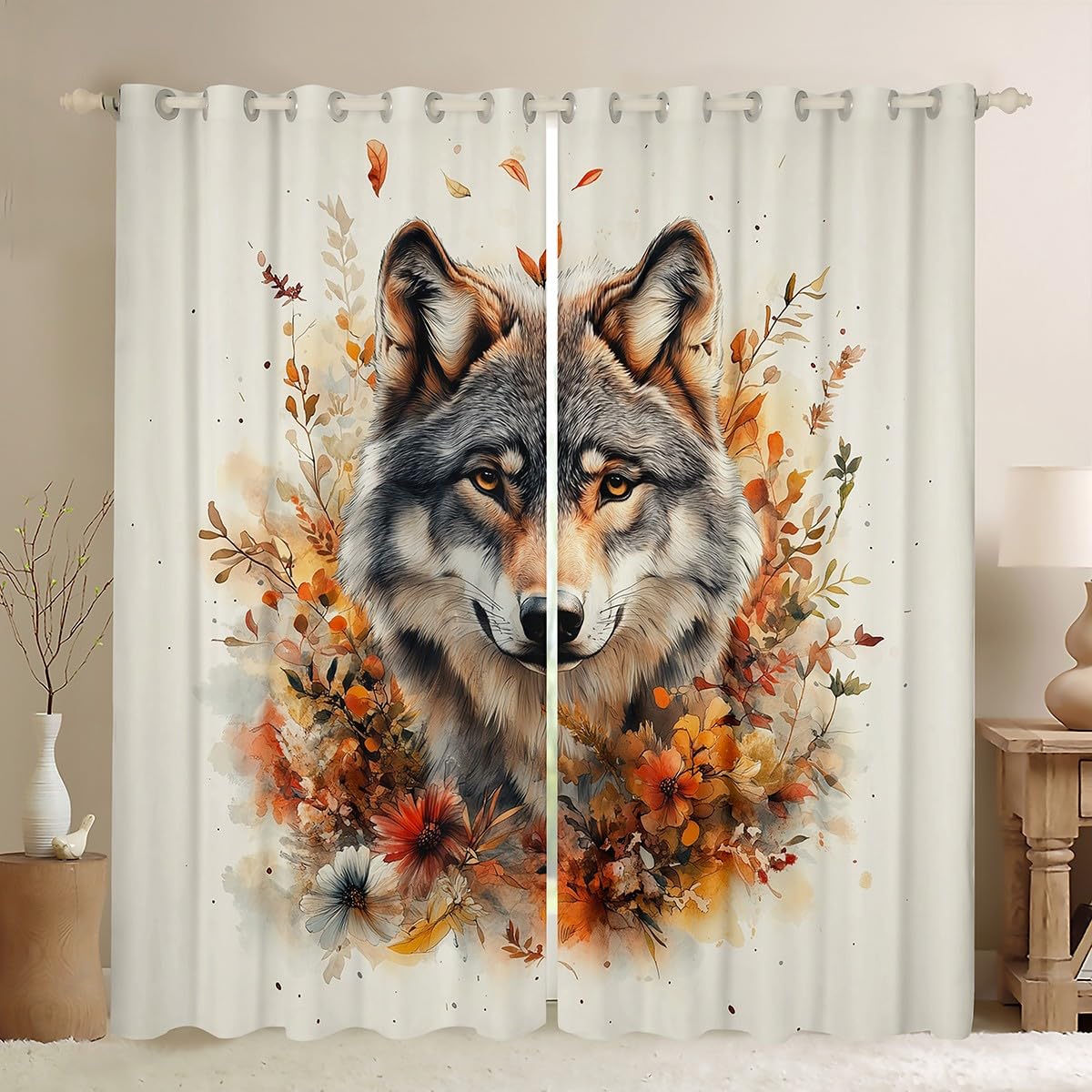 Loussiesd Wolf Vorhänge 245x140cm Tierwölfe Blickdichte Vorhänge Blumen und Pflanzen Fenstervorhang Wildtiere Blickdichte Vorhänge Zimmer Dekor Orange Weiß Gardinen