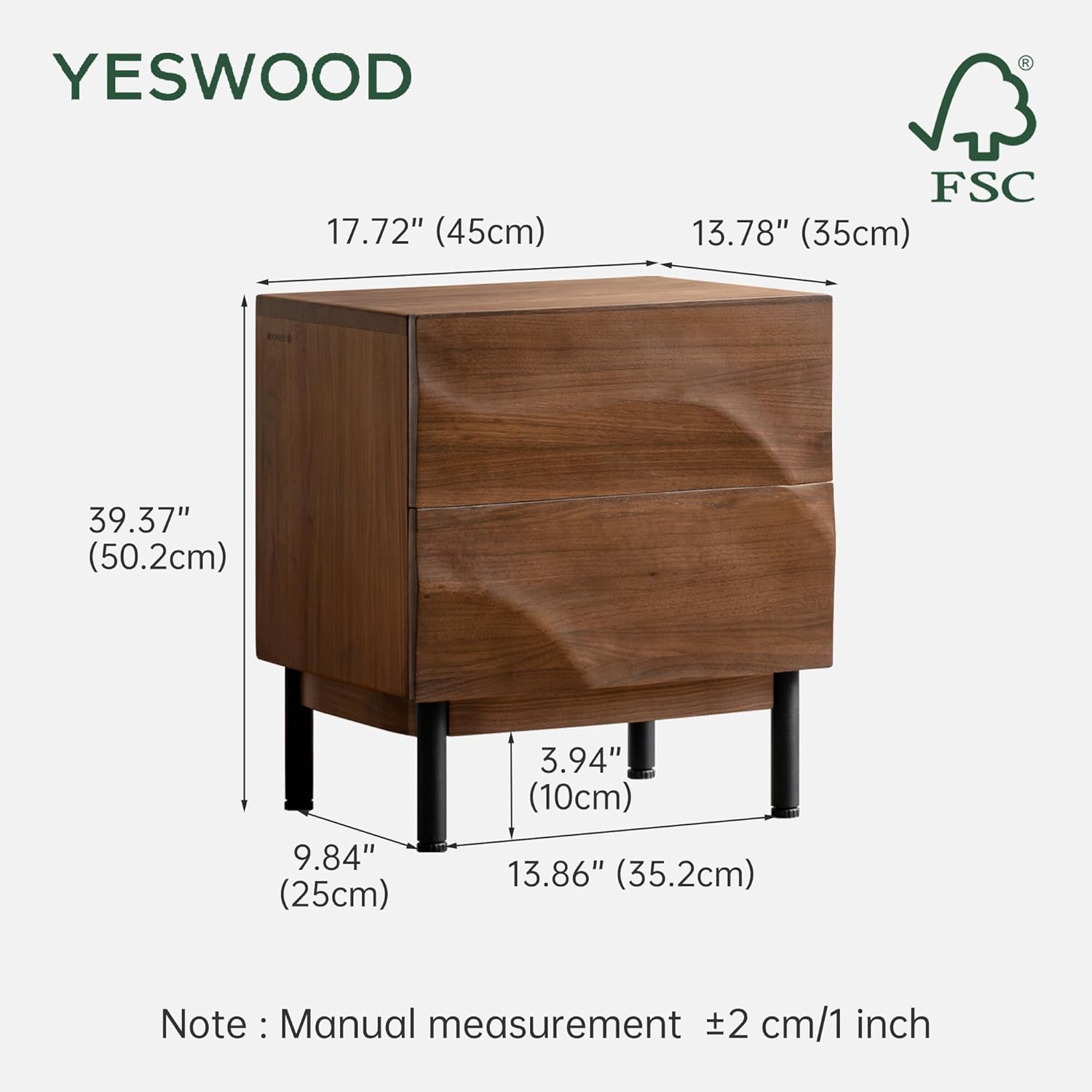 YESWOOD Solid Walnut Nightstand, Modern Nightstands with 2 Drawer, Small Night Stand for Low Bed, Wooden Side End Tables for Bedroom(Black Walnut, 19.76" H)