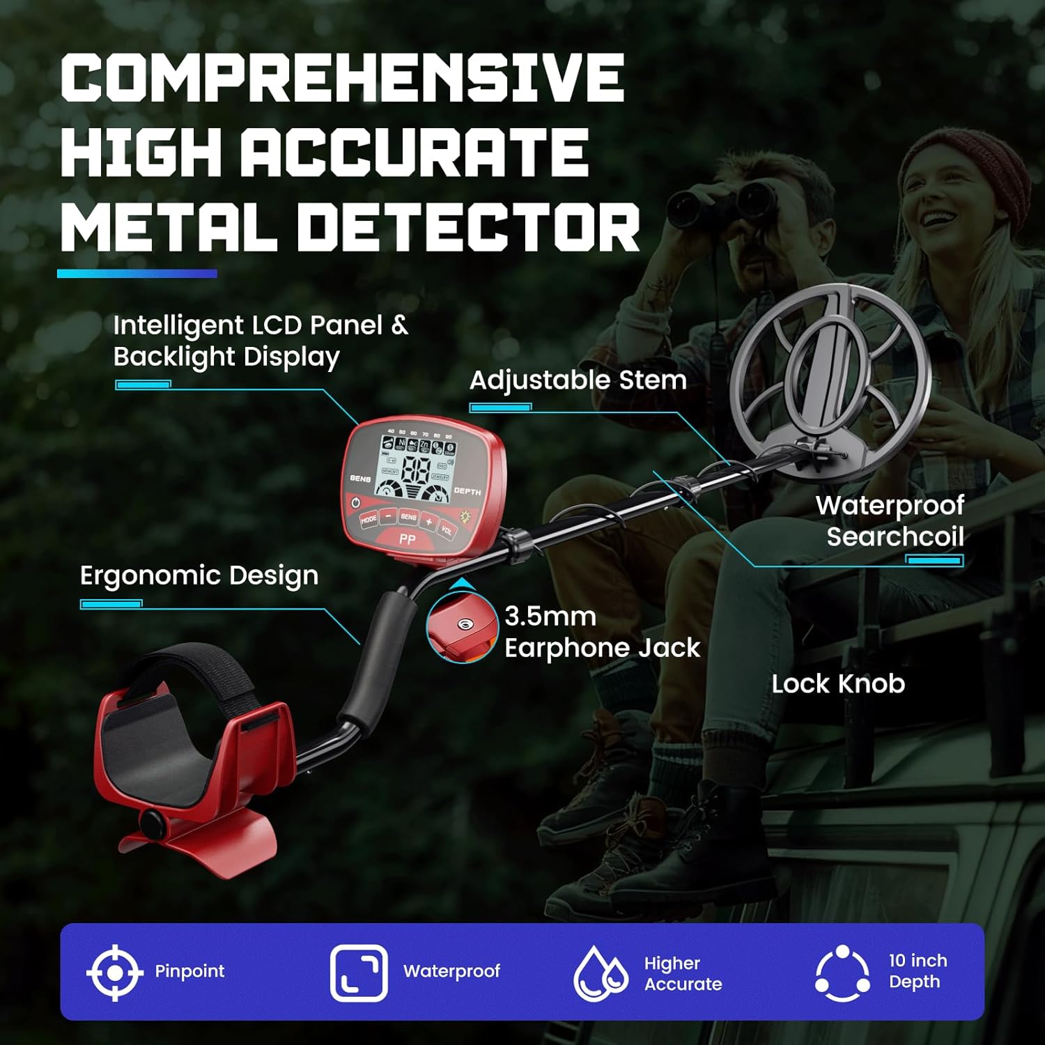 Metal Detector for Adults & Kids Professional Cordless Gold Detector 5 Modes, Advanced DSP Chip, Adjustable Length, Backlight LCD Display, 10" Waterproof Search Coil - Red