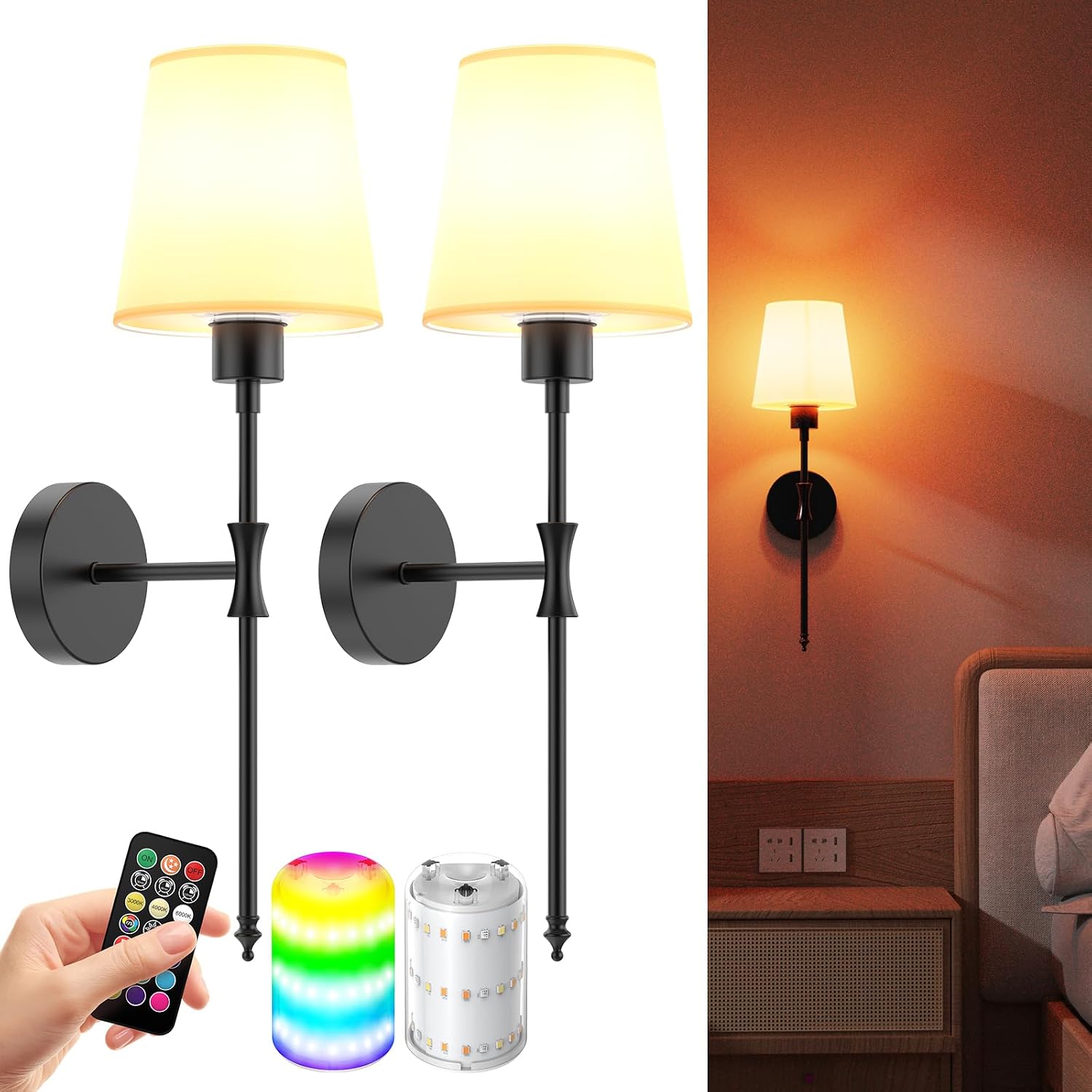 Battery Operated Wall Sconces Set of Two, Rechargeable Wall Light with Remote Control, Dimmable 1800K-6000K LED Wall Lamp, 9 Color Modes, Wireless Sconce Wall Decor Set of 2 for Living Room, Bedroom