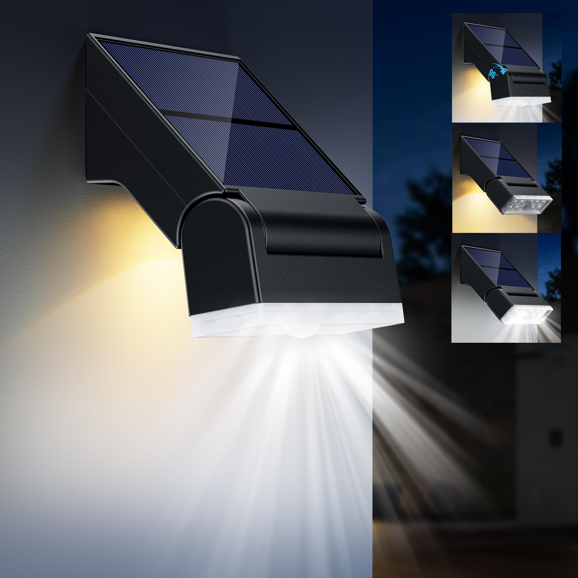 Giliwosy Lampada Solare da Esterno, 90° Regolabile Faro LED Esterno con Sensore di Movimento e Luce Notturna, IP65 Impermeabile Luce Solare per Decorazione Giardino, Parete, Garagec (1 Pezzo)