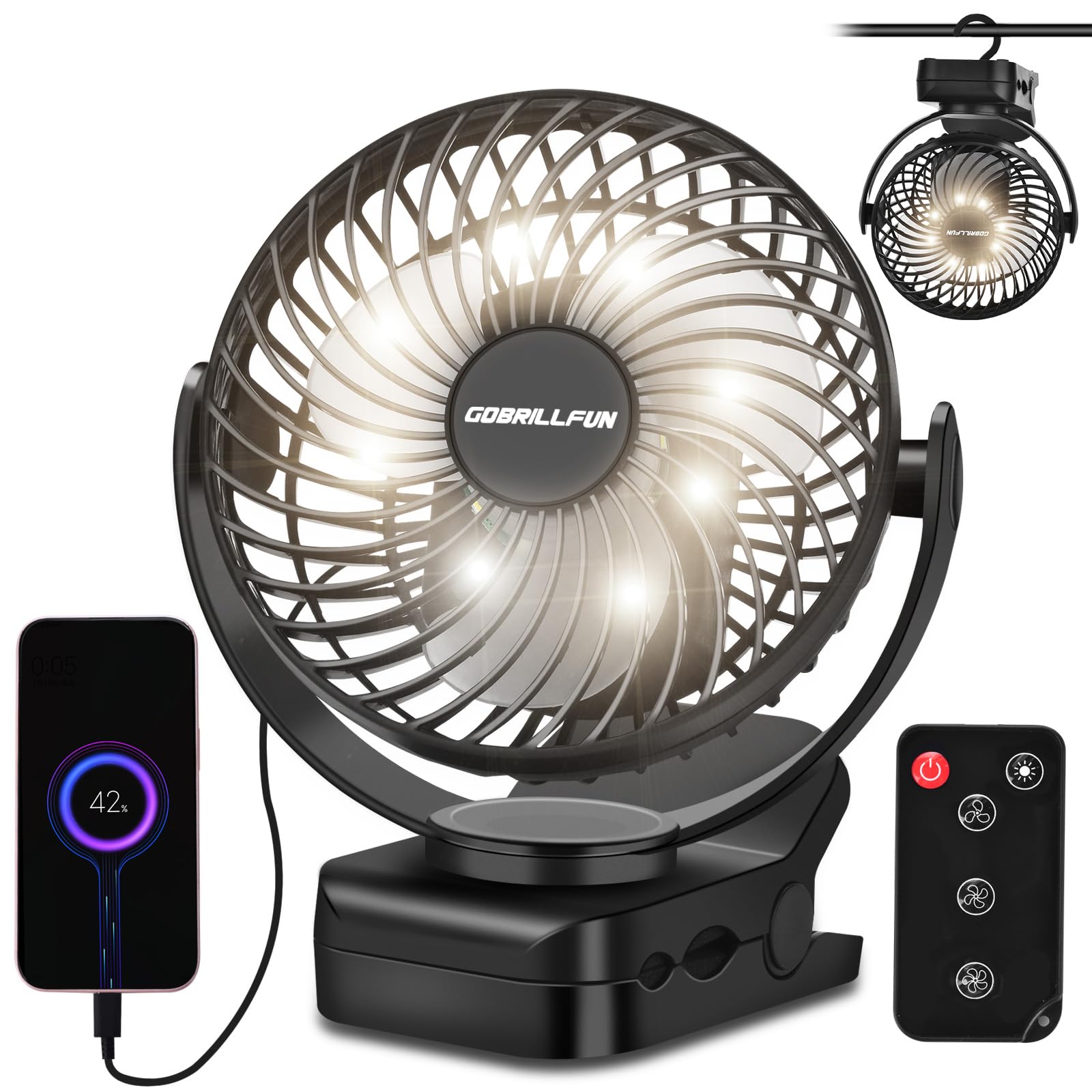 Ventilateur à pince télécommandé 6 pouces 12 000 mAh, veilleuse LED, 3 vitesses, ventilateur USB personnel portable pour la maison, le bureau, le camping-car et le camping en plein air-noir