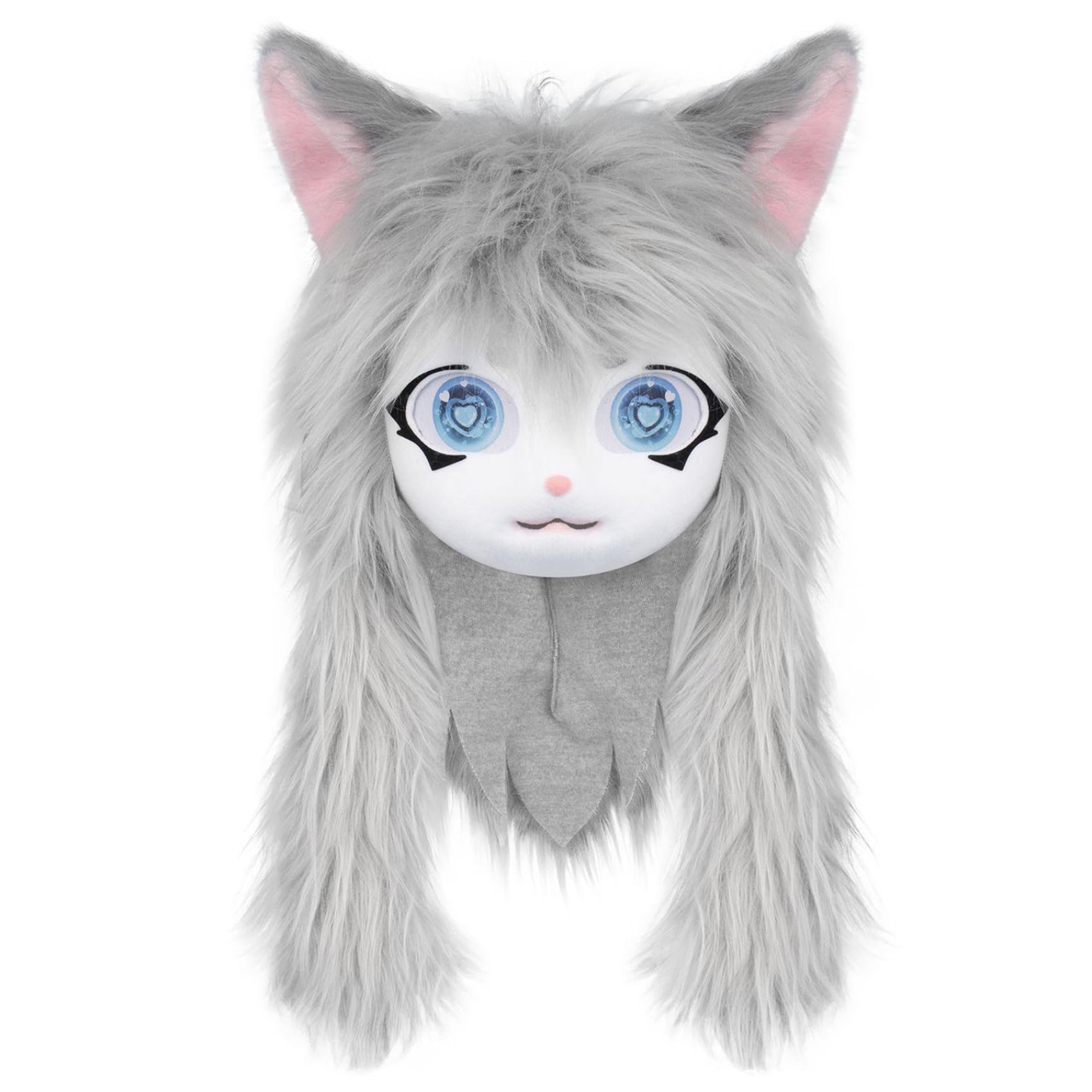 Joygoodta Kigurumi Mask, Furry Head, Cute Plush Fursuit Head with Big Eyes, Ears & Long Hair, Furry Costume for Halloween Masquerade Cosplay, Grey