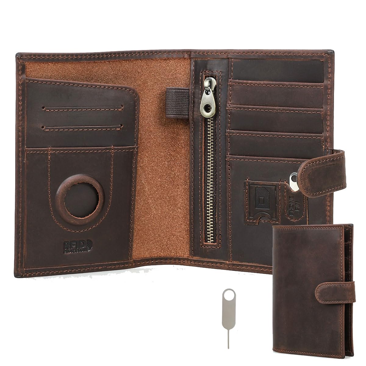CONTACTS Porta passaporto in pelle pieno fiore con slot Airtag RFID passaporto portafoglio con strumento di rimozione della scheda SIM, Marrone scuro, tinta unita