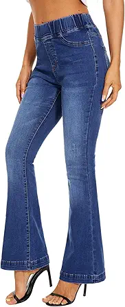 VIPONES Bell Bottom Jeans for Women Pull-on Ripped High Waisted Flare Jean Elastic Waist Raw Hem Stretch Skinny Denim Pants