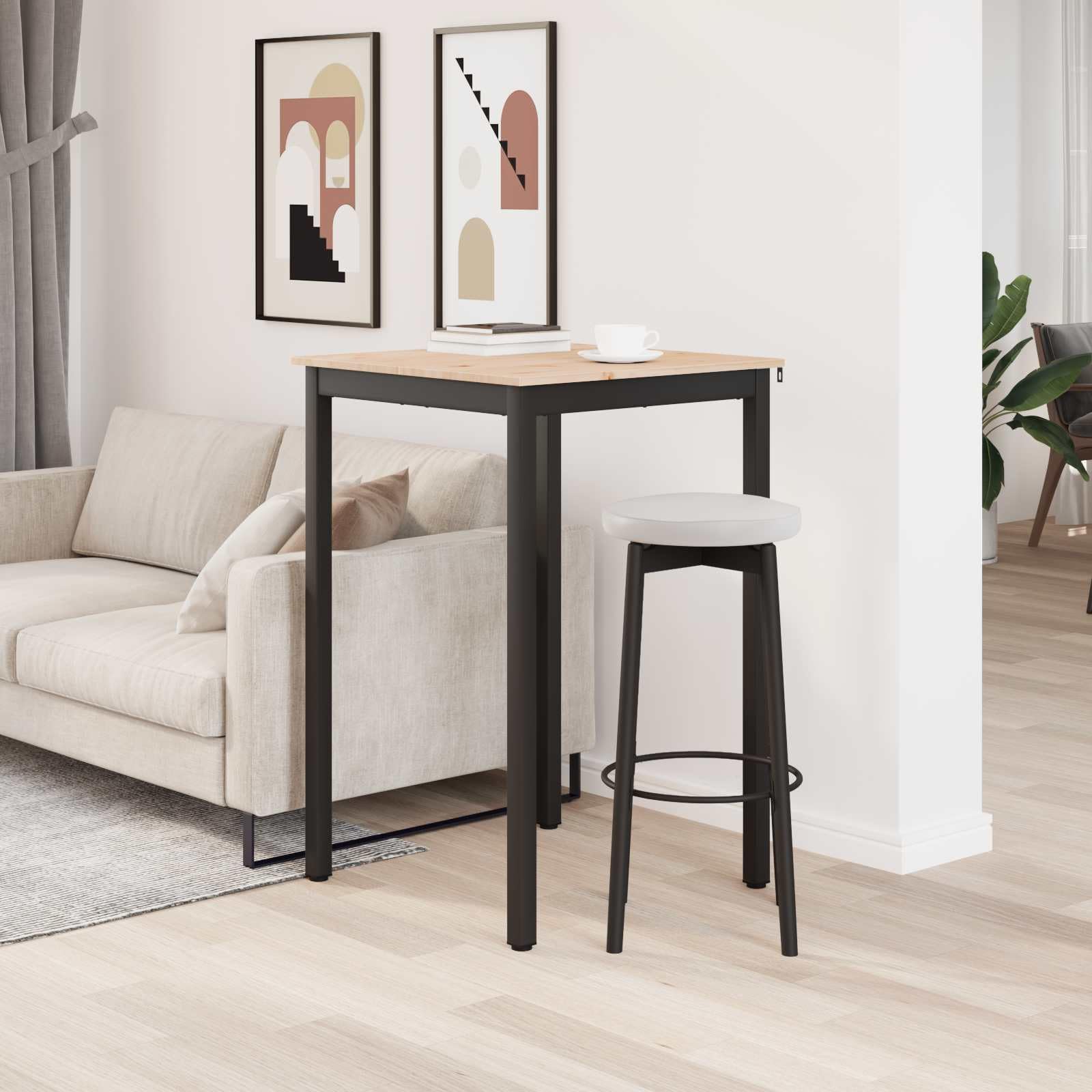 Mesa de bar natural 70 x 70 x 105 cm de madera maciza de pino, patas de metal con barra en forma de H, para cocina y comedor, 80 kg, moderna, ahorra espacio, estilo industrial